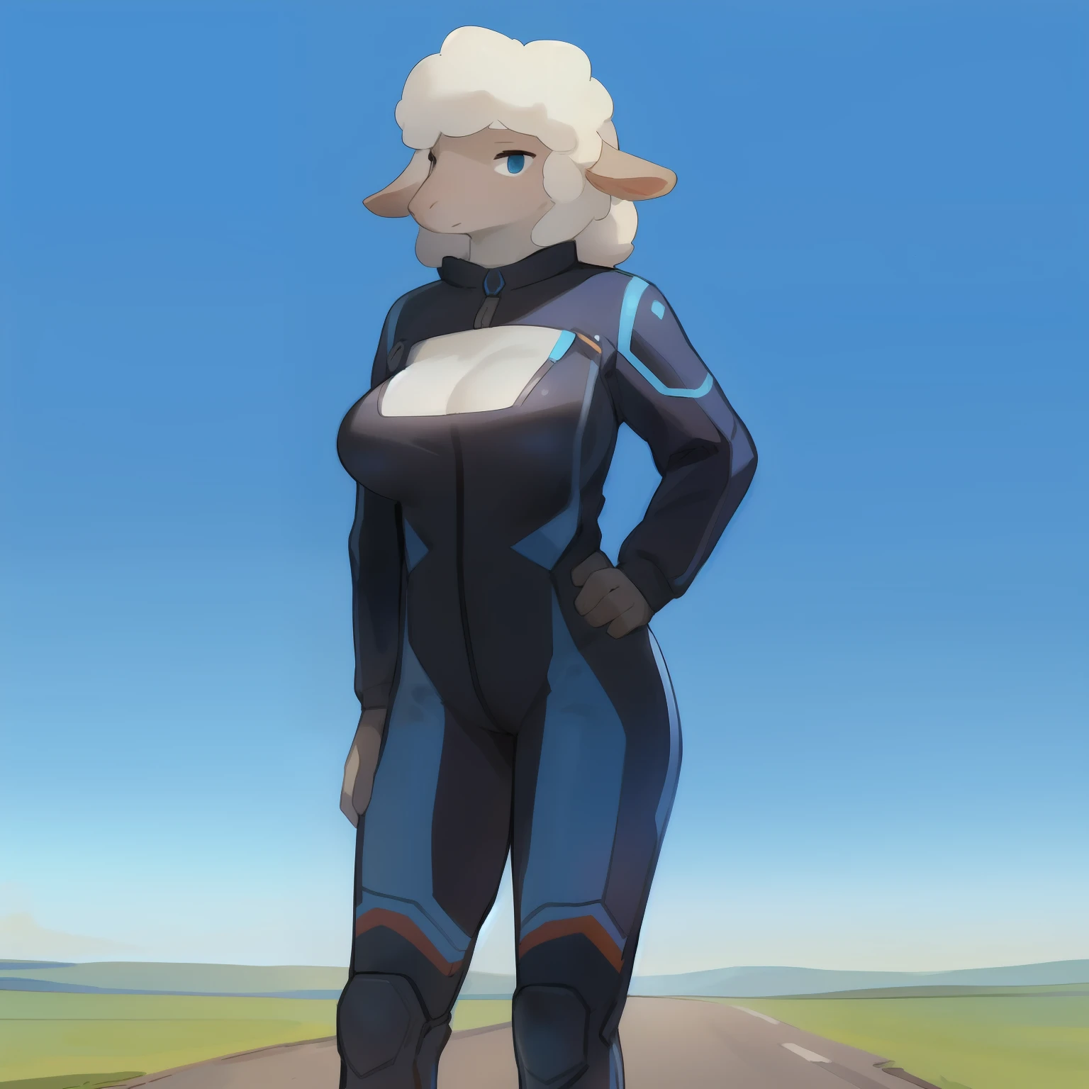 Solo, female, black and blue spacesuit, ((hair, snout)), sheep, by bebebebebe, standing, standing on a road in an empty field, breasts