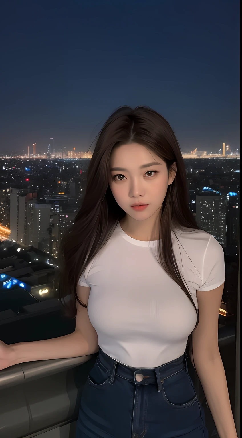 ((Midnight, Best quality, 8k, Masterpiece :1.3)), Whole body, Long legs, Sharp focus :1.2, A pretty woman with perfect figure :1.4, Slender abs :1.1, ((Dark brown hair, Big breasts :1.2)), (White tight tshirt, Jean bib, Standing:1.2), ((Night city view, Rooftop:1.3)), Highly detailed face and skin texture, Detailed eyes, Double eyelid