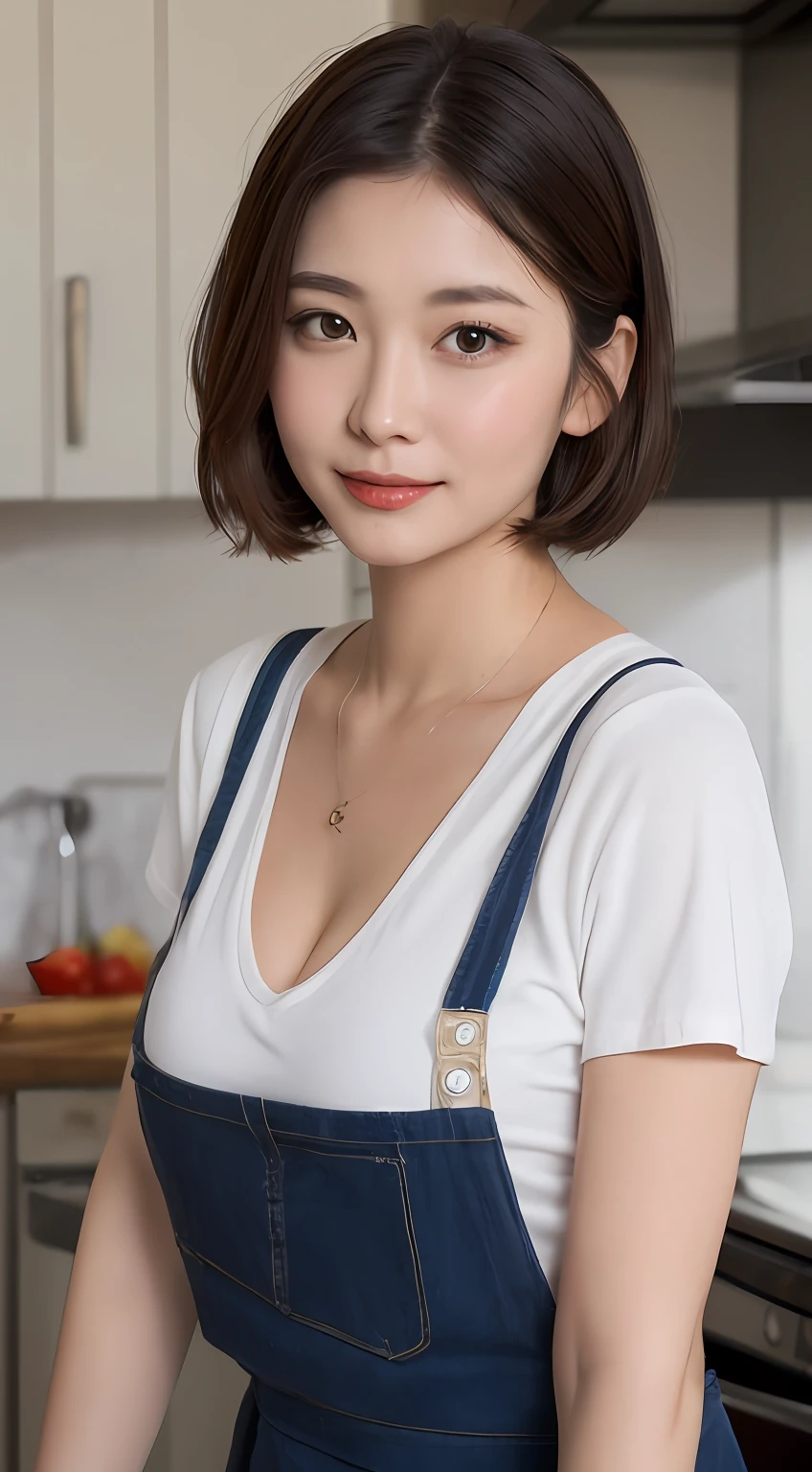 (Best quality, 8k, masterpiece: 1.3), a beautiful woman with perfect figure: 1.2, dark brown hair, wearing a pendant, wearing an apron, in the kitchen, highly detailed face and skin, detailed eyes, double eyelids, big breasts, take off T-shirt