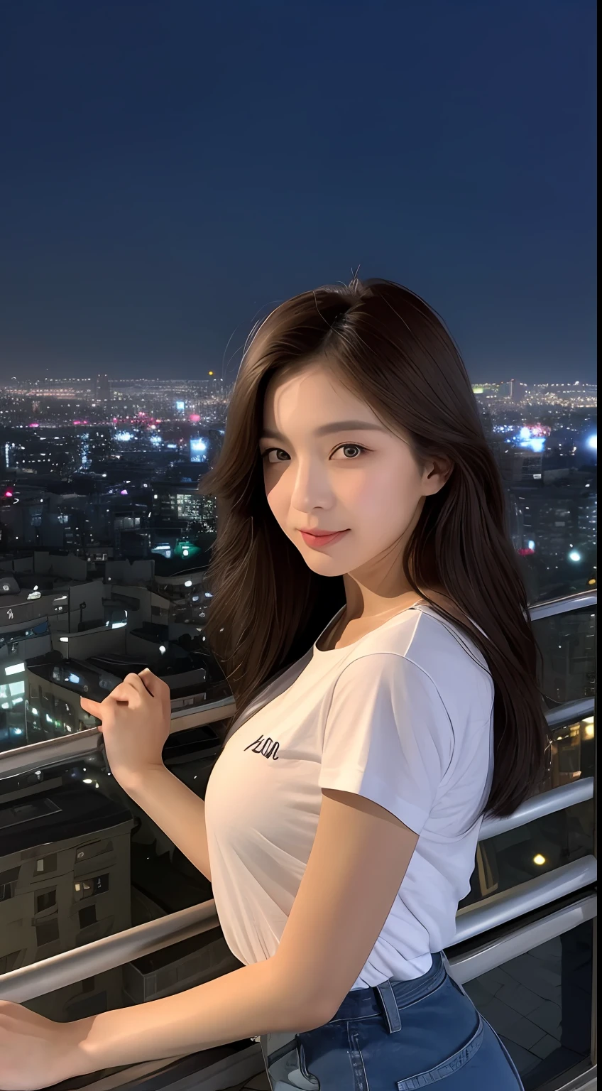 ((Midnight, Best quality, 8k, Masterpiece :1.3)), Whole body, Long legs, Sharp focus :1.2, A pretty woman with perfect figure :1.4, Slender abs :1.1, ((Dark brown hair, Big breasts :1.2)), (White tight tshirt, Jean bib, Standing:1.2), ((Night city view, Rooftop:1.3)), Highly detailed face and skin texture, Detailed eyes, Double eyelid