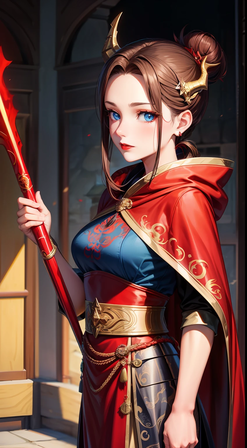 Adult woman, brown hair in bun, dragon horns, blue eyes, red chinese dress, cloak, spear, dragon, Gold inserts, red lipstick, Masterpiece, hiquality