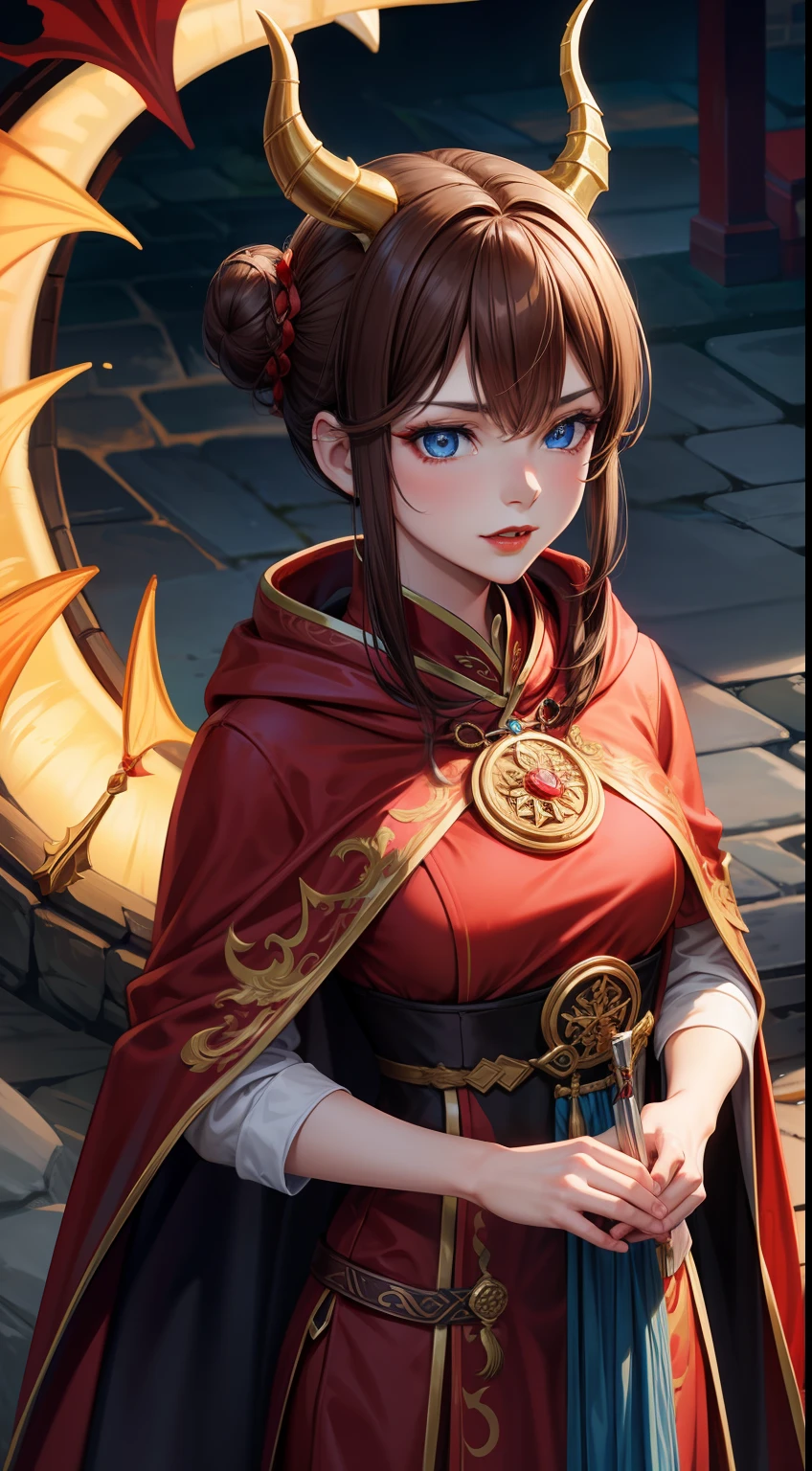 Adult woman, brown hair in bun, dragon horns, blue eyes, red chinese dress, cloak, spear, dragon, Gold inserts, red lipstick, Masterpiece, hiquality