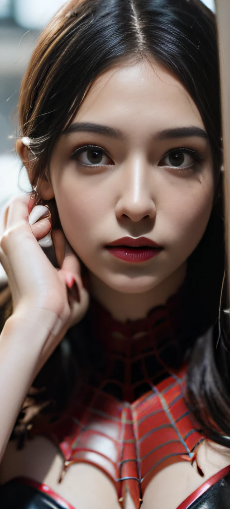 (RAW, analogue, Nikon Z 14mm ultra-wide angle lens, award-winning glamour photograph, ((best quality)), ((masterpiece)), ((realistic)), skin pores, subsurface scattering, radiant light rays, high-res, detailed facial features, high detail, sharp focus, smooth, aesthetic, extremely detailed, (extremely detailed eyes, extremely detailed iris), extremely detailed hair, extremely detailed skin, extremely detailed clothes, octane render, photorealistic, realistic, post-processing, max detail, realistic shadows, roughness, natural skin texture, real life, ultra-realistic, photorealism, photography, 8k UHD, photography, hdr, intricate, elegant, highly detailed, sharp focus, stunning, beautiful, gorgeous), Detailed realistic beautiful female 18 year-old girl as Spiderman from Marvel, makeup, full body visible, brown hair, realistic skin, photorealistic, athletic body, realistic, cinematic shot, (extremely detailed CG unity 8k wallpaper), trending on ArtStation, trending on CGSociety, High Detail, Sharp focus, dramatic, beautiful background, full shoot, high quality, (beautiful face), (detailed face), detailed hands, beautiful hands