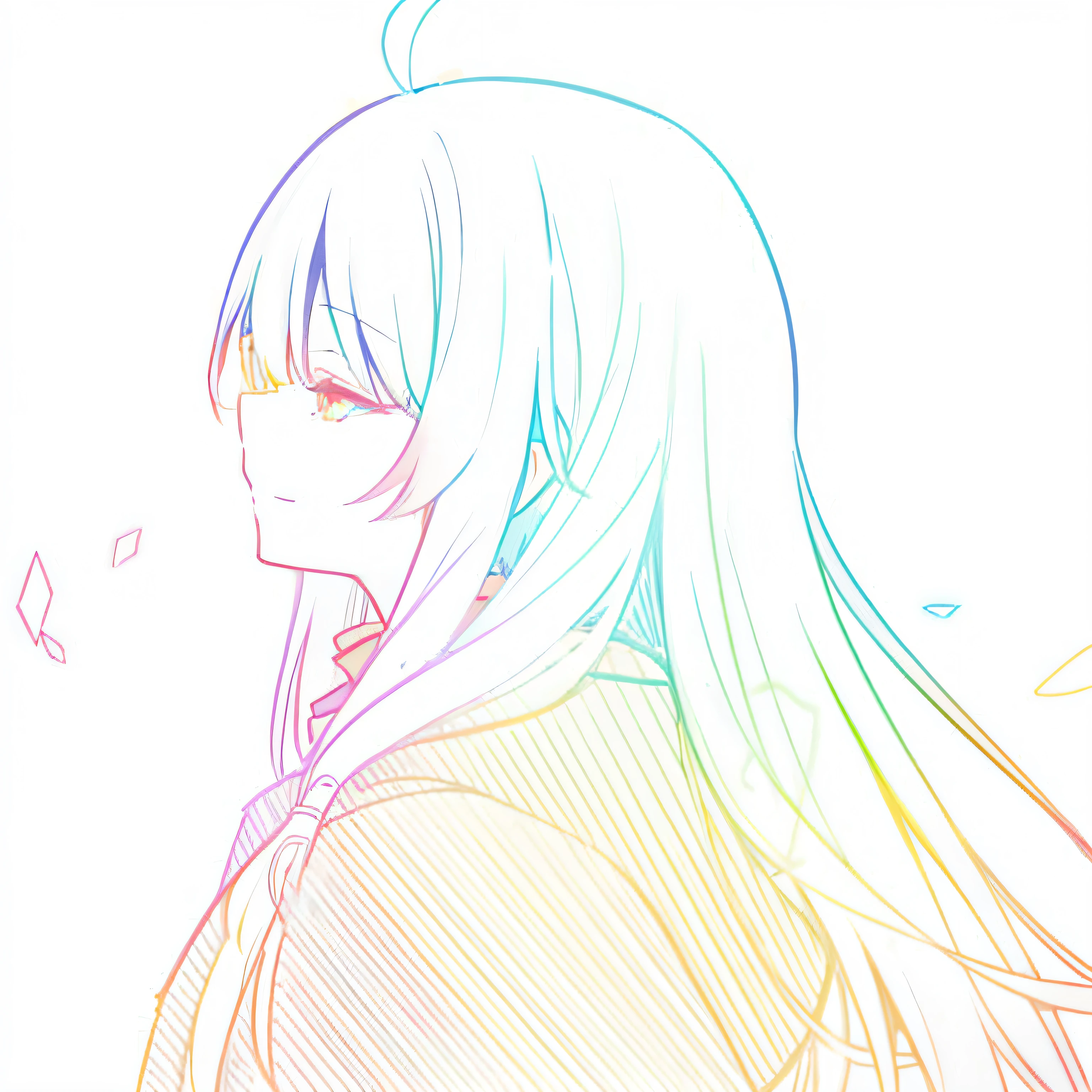 Anime girl with long hair and multicolored dress,Admire the rainbow line art,anime girl profile,Brilliant anime colors,Fantastic rainbow hair,Colorful illustrations,Golden Village,UFO art style,rich colourful。Anime girls have long hair,Clear outline,Colorful color scheme,Vivid colors,anime shading,Flat anime style,magic book。