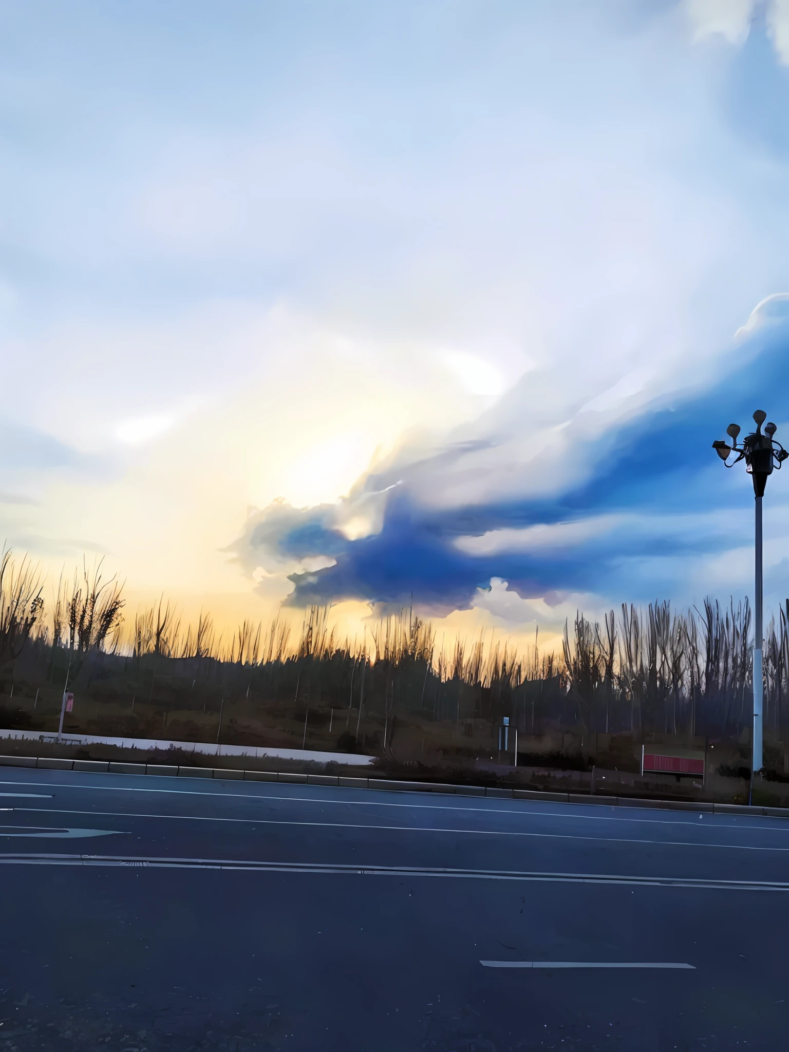There is a street lamp on the side of the road, The sky swirls with the black wind, cloud in the shape of a dragon, with dramatic sky, swirly clouds in the background, harmony of swirly clouds, strange trees and clouds, atmospheric clouds', Undulating clouds, panorama view of the sky, sky with swirling clouds