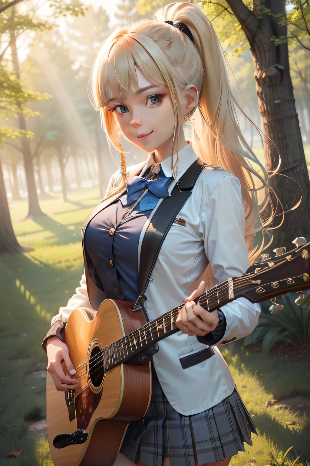instrument, rating:safe, guitar, 1girl, holding_instrument, electric_guitar, grass, tree, long_hair, playing_instrument, smile, day, music, school_uniform, bush, outdoors, open_mouth, solo, jacket, breasts, plectrum, blonde_hair, shirt, acoustic_guitar, skirt, looking_at_viewer, sunbeam, blazer, :d, hair_ornament, white_shirt, pleated_skirt, bangs, light_rays, sidelocks, forest, nature, sky, large_breasts, collared_shirt, blush, blue_jacket, ponytail, long_sleeves, park