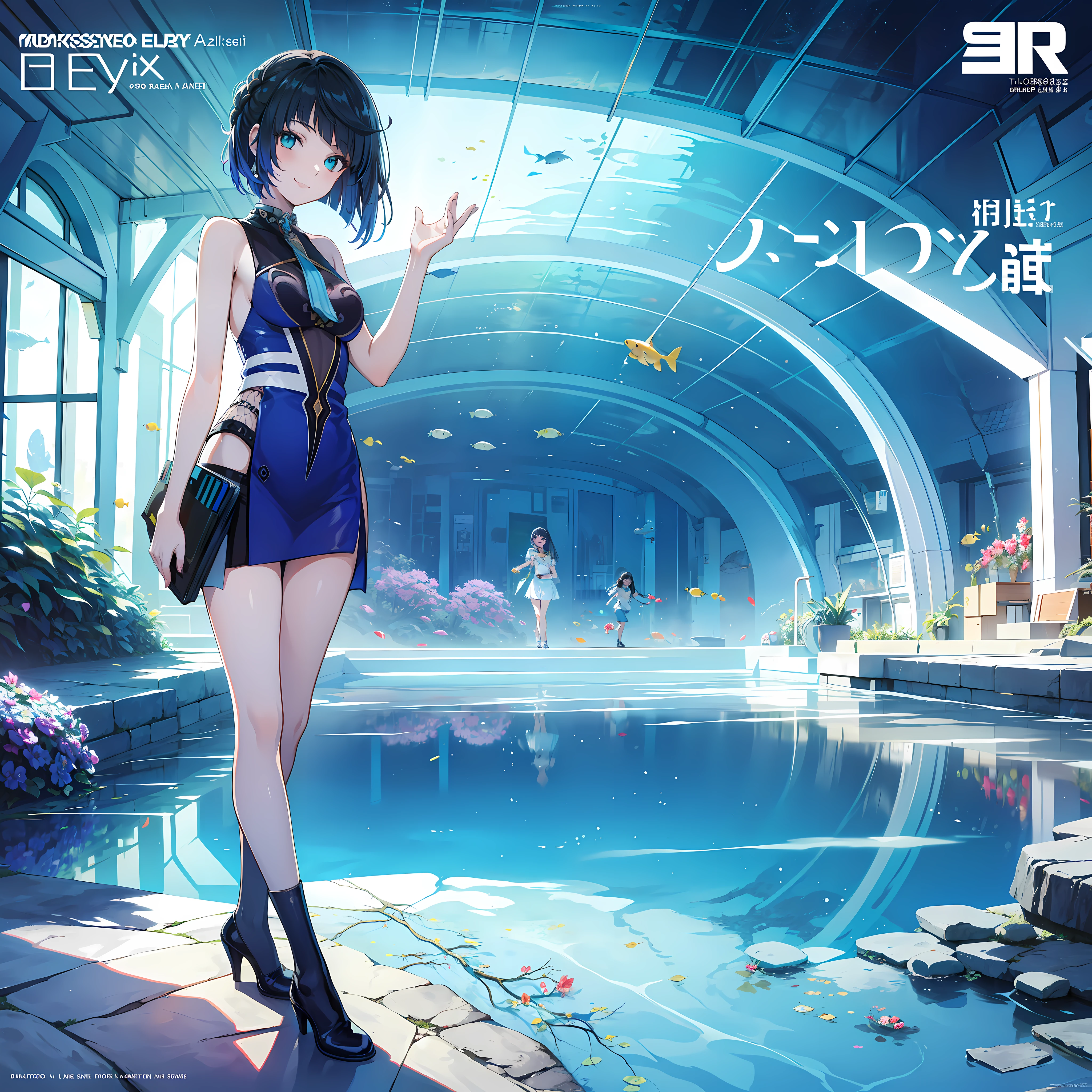 masterpiece, best quality, full body, (1girl), (smiling), ((solo)), (magazine:1.3), (cover-style:1.3), fashionable,Under water, (in side tunnel aquarium),