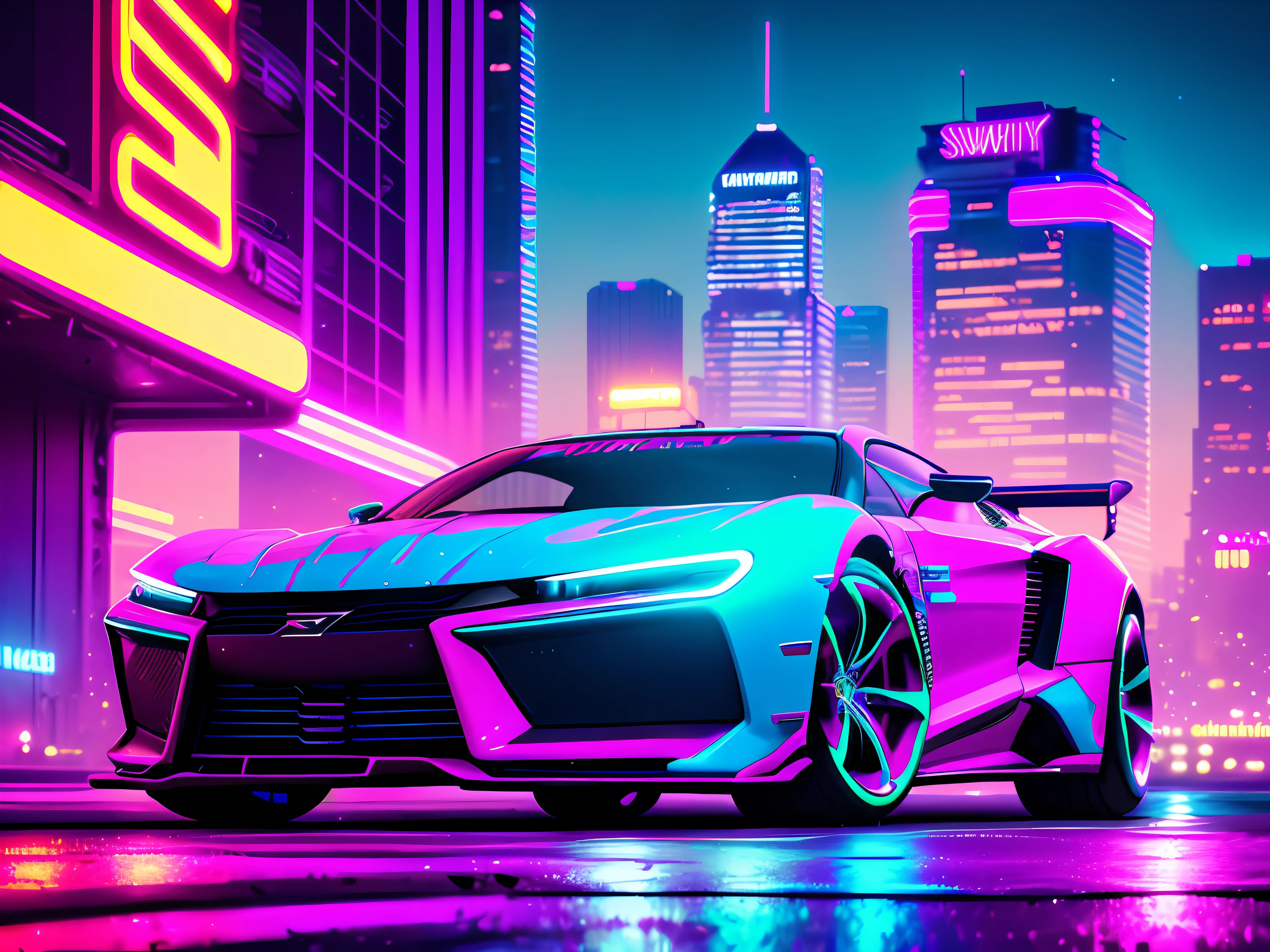 swpunk, synthwave, paint splatters, (extremely detailed 8k wallpaper), a medium shot photo of a futuristic concept car parked in an elaborate cyberpunk city, ray tracing, detailed reflections, Intricate, High Detail, dramatic, best quality masterpiece, photorealistic, detailed, 8k, HDR, backlighting, bloom, light sparkles, chromatic aberration, sharp focus