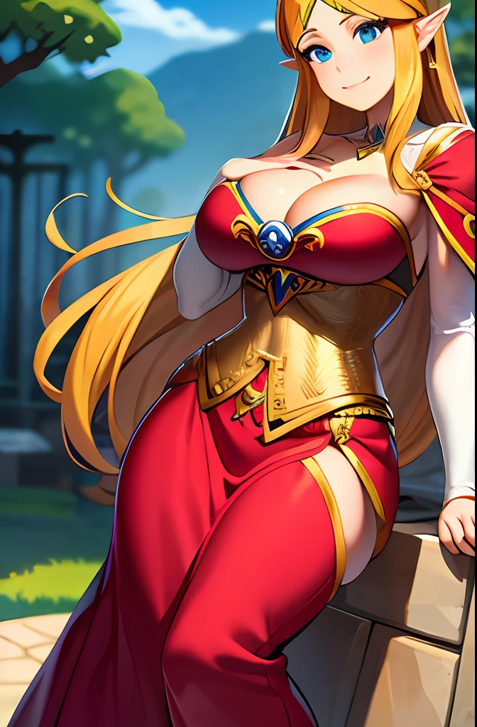 masterpiece,best quality,zelda\(princess\), 1girl, solo, large breasts, cleavage, smile, long_hair, beatiful dress