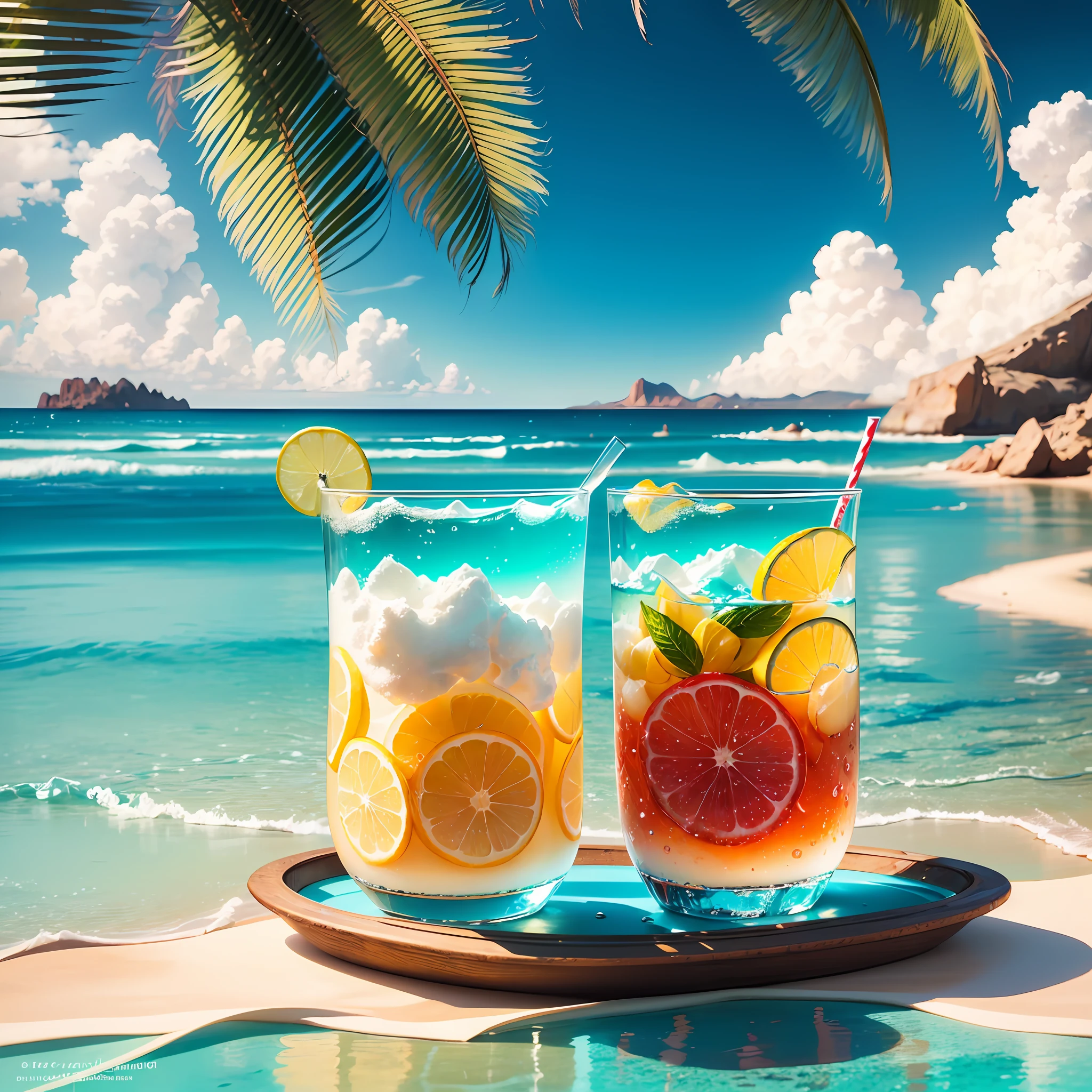 Macro photography depicts picnic scenes themed around a tropical beach vacation in summer. The protagonists of this photo are two cool glasses filled with iced carbonated drinks. The lens focuses on glasses, fruit, dazzling midday sun, fisheye lenses, distant views, a hearty meal, (splashed liquid: 1.6), ice, (picnic scene: 0.5) (cute dessert: 0.4), dripping. At the edge of the frame is the girl's glowing thighs, which are filled with carbonated drinks, translucent liquid, daytime outdoor lights (beach 1.5), tropical plants, hot weather, HD detail, wet watermark, hyperdetail, cinematic, surrealism, soft light, deep field focus bokeh, ray tracing, diffuse (ultra-fine glass reflection), and surrealism. --auto --s2