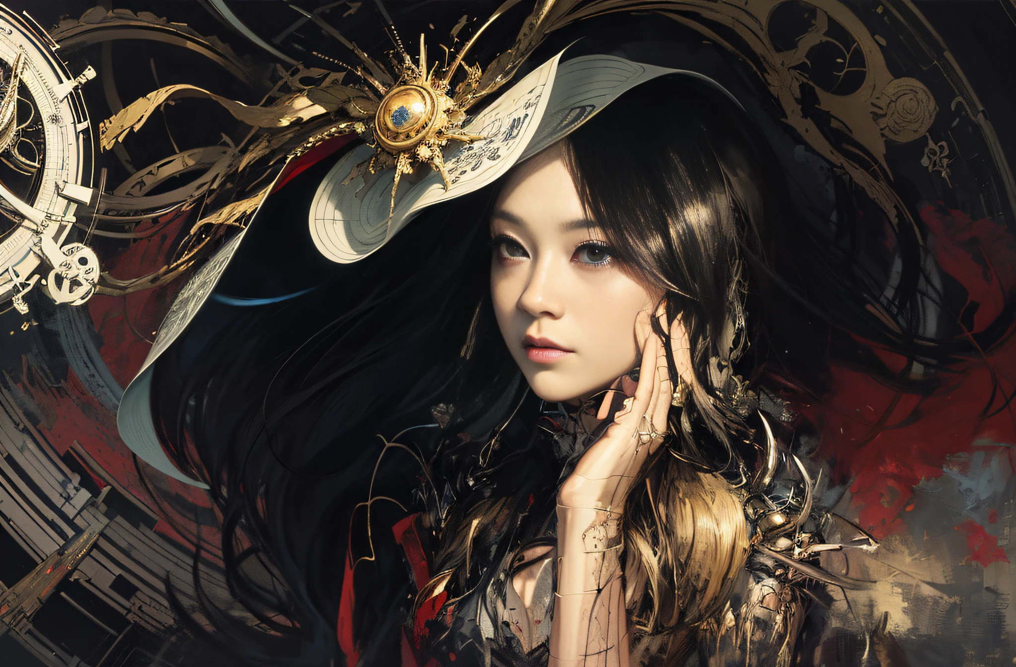 official art, unity 8k wallpaper, ultra detailed, beautiful and aesthetic, masterpiece, best quality, (zentangle, mandala, tangle, entangle), (fractal art:1.3) , 1girl, extremely detailed, dynamic angle, cowboyshot, the most beautiful form of chaos, elegant, a brutalist designed, vivid colours, romanticism, by james jean, roby dwi antono, ross tran, francis bacon, michal mraz, adrian ghenie, petra cortright, gerhard richter, takato yamamoto, ashley wood, atmospheric, ecstasy of musical notes, streaming musical notes visible