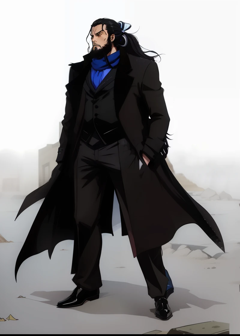 anime, man, british black suit, black overcoat, long ponytail hair, tiny beard, a blue scarf in neck