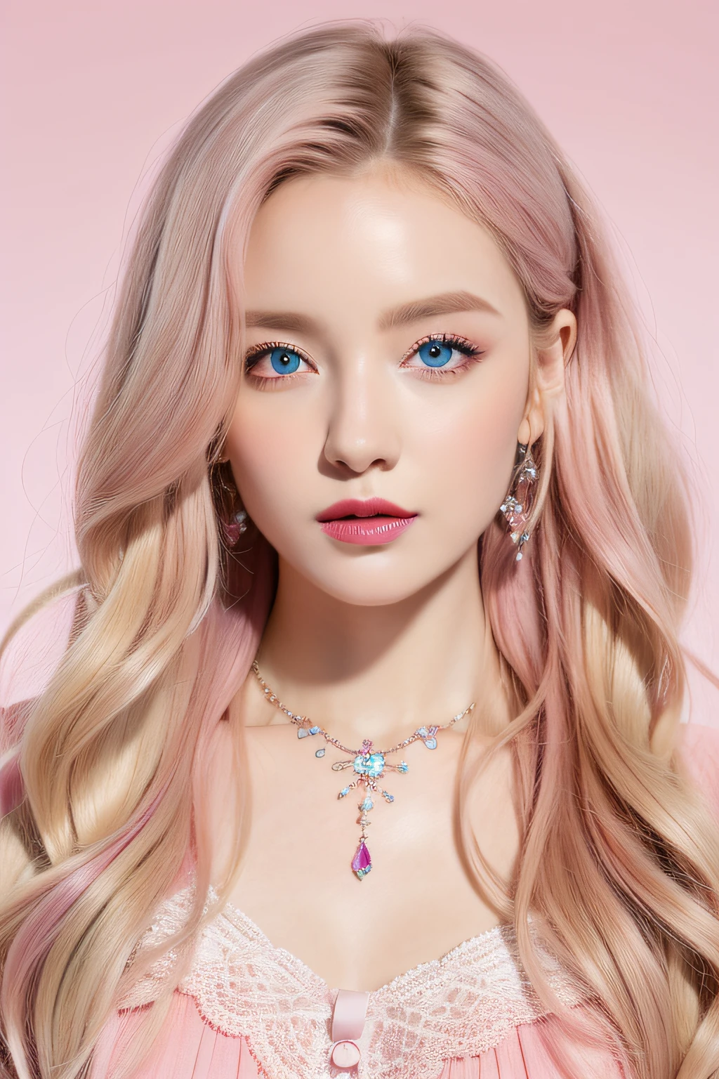 4K HD quality,Absurd themes at the level of masterpieces,A girl in front of a pink background,Blue eyes and long blonde curls,Ribbons and jewelry tied in his hair,Plain face with lipstick and eye shadow,The hair of the shawl is delicate,Wearing a gemstone necklace,Wear pink clothing。