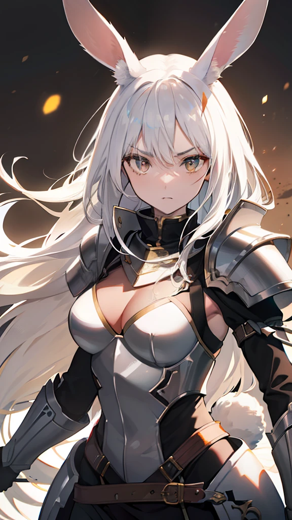 ((1.4)) highres, Adult female, ((detailed)), soft lighting, (color contrast), Long white hair, brown eyes, rabbit ears, rabbit tail, fitted armor, medium breasts, brandishing a sword, on a battlefield, looking fierce, looking determined, detailed eyes, cute, toned body