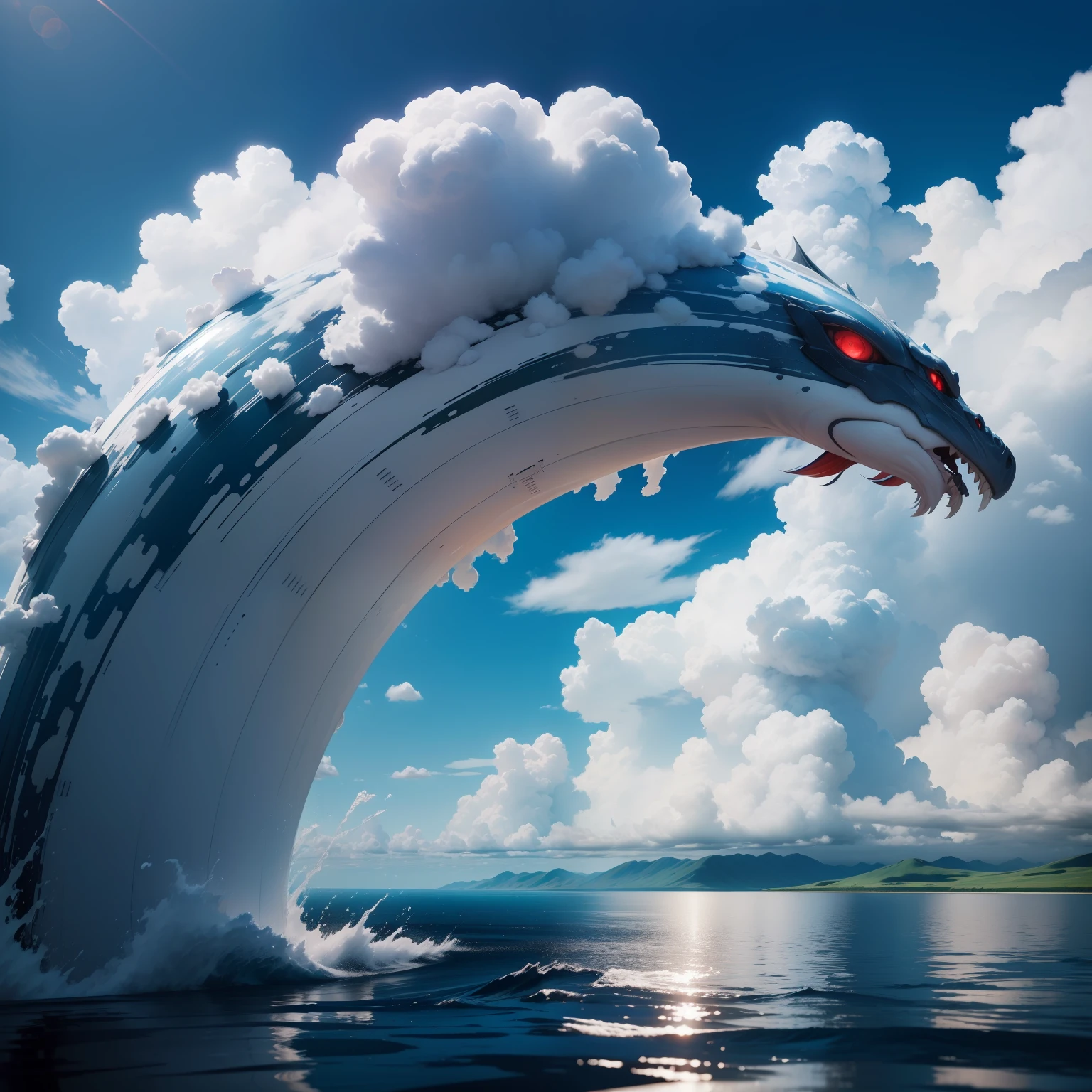 Blue sky and white clouds, Lake surface, Clouds like hurricanes,Milky white silky, Diverse variations and sci-fi, Ultra-realistic 8K Ultra Clear Reds grow on the head