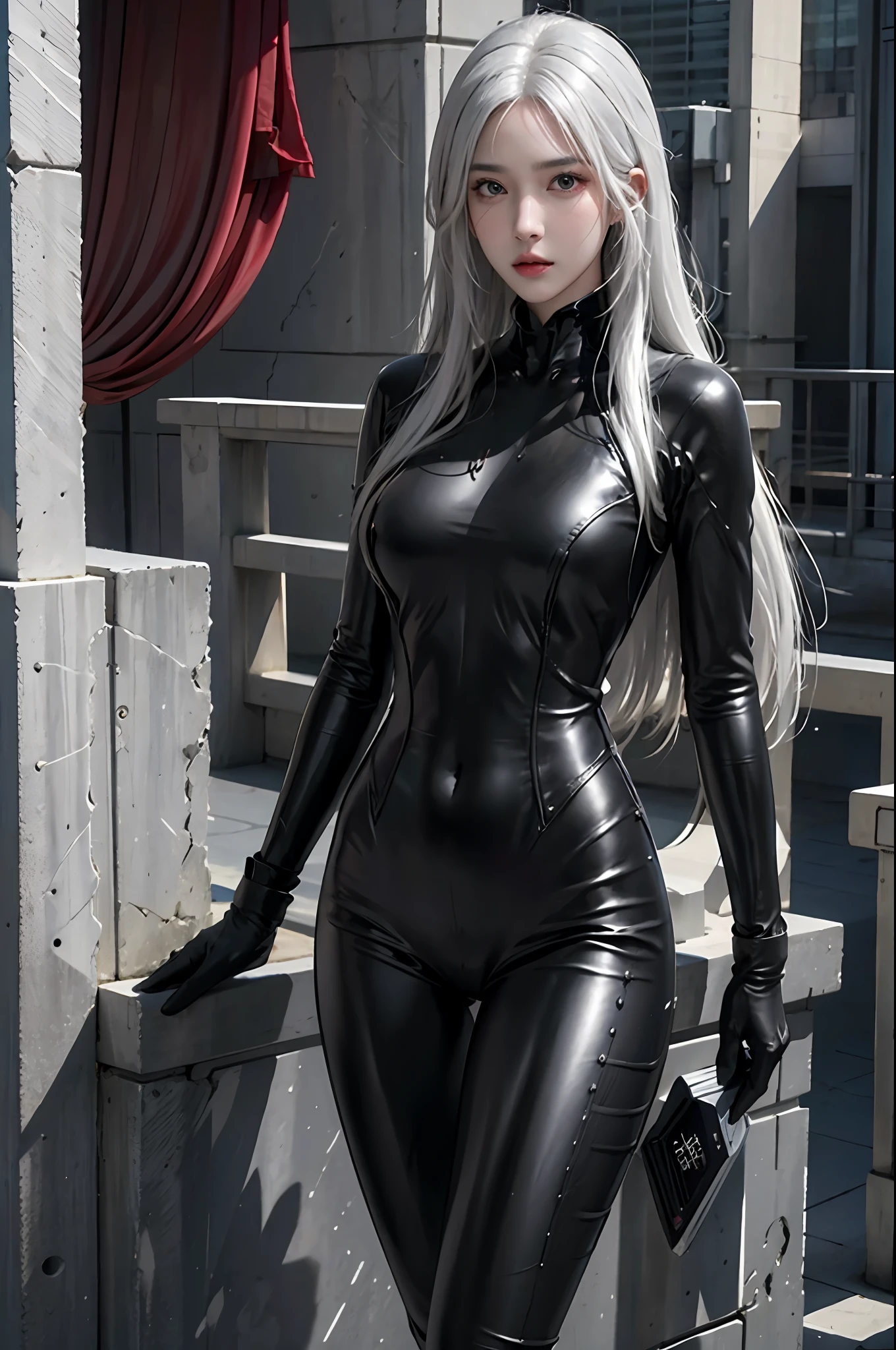 photorealistic, high resolution, 1women, solo, hips up, look at viewer, (detailed face), white hair, long hair, gantz, reika\(bodysuit\), black suit