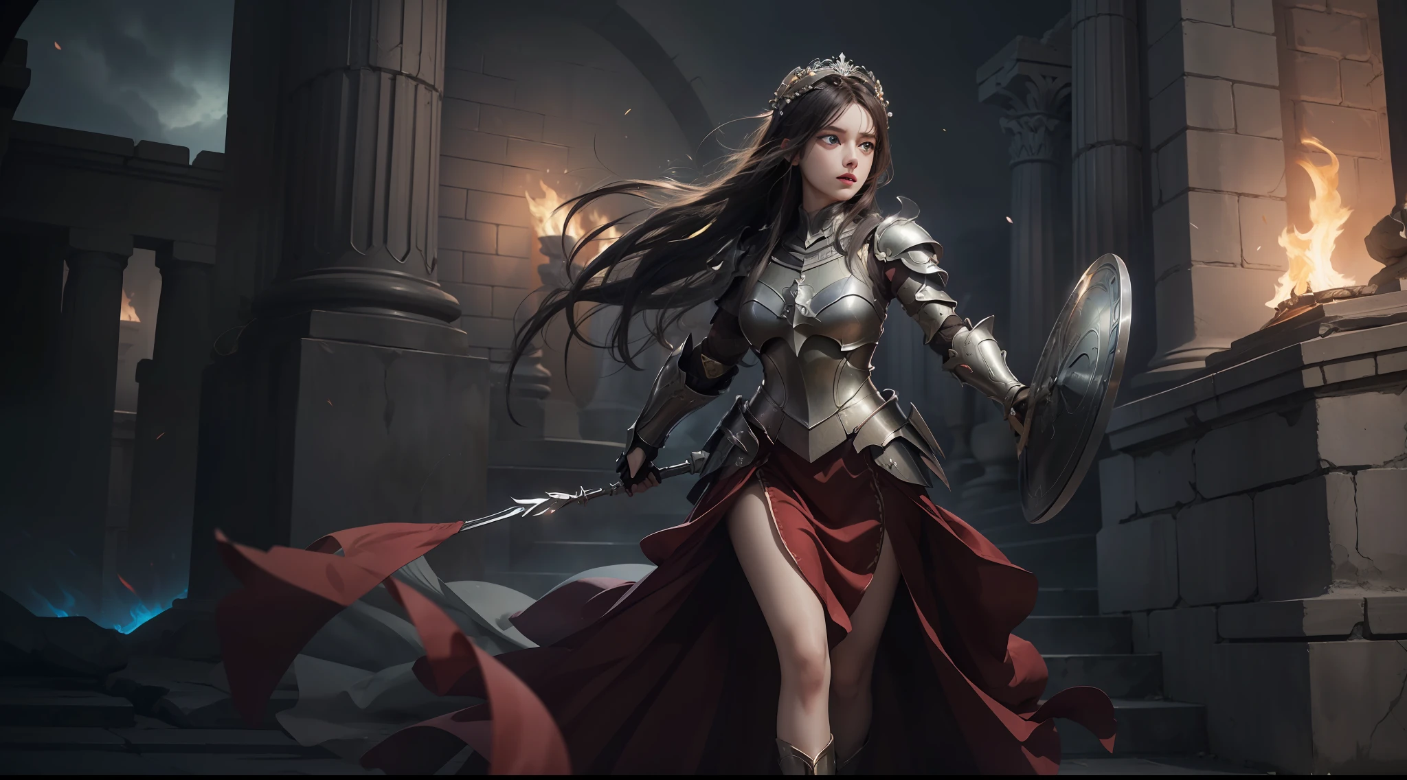 (Extremely detailed Cg Unity 8K wallpaper,Masterpiece, Best quality, Ultra-detailed, Beautiful detailed eyes:1.2),Best illumination, (Best shadow, An extremely delicate and beautiful, full bloom), 1girll,Solo,Large breasts，Heavy armor，complex patterns，Long hair,Holding a shield,Film filter, Hellfire,full bodyesbian,demon,Flame,Greek temple，dramatics，dynamicposes，illusory engine， (High detail: 1.9)，full body shot shot