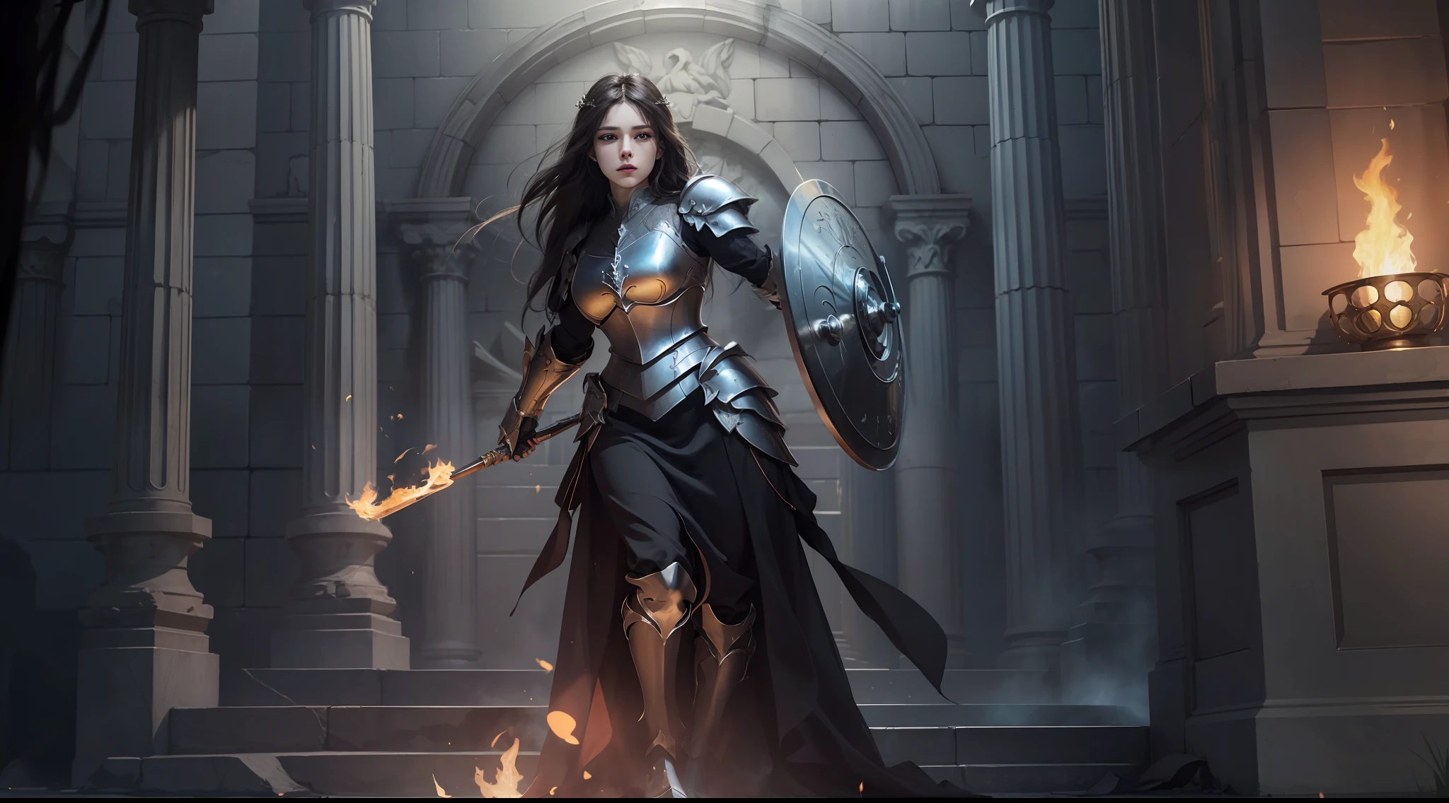 (Extremely detailed Cg Unity 8K wallpaper,Masterpiece, Best quality, Ultra-detailed, Beautiful detailed eyes:1.2),Best illumination, (Best shadow, An extremely delicate and beautiful, full bloom), 1girll,Solo,Large breasts，Heavy armor，complex patterns，Long hair,Holding a shield,Film filter, Hellfire,full bodyesbian,demon,Flame,Greek temple，dramatics，dynamicposes，illusory engine， (High detail: 1.9)，full body shot shot