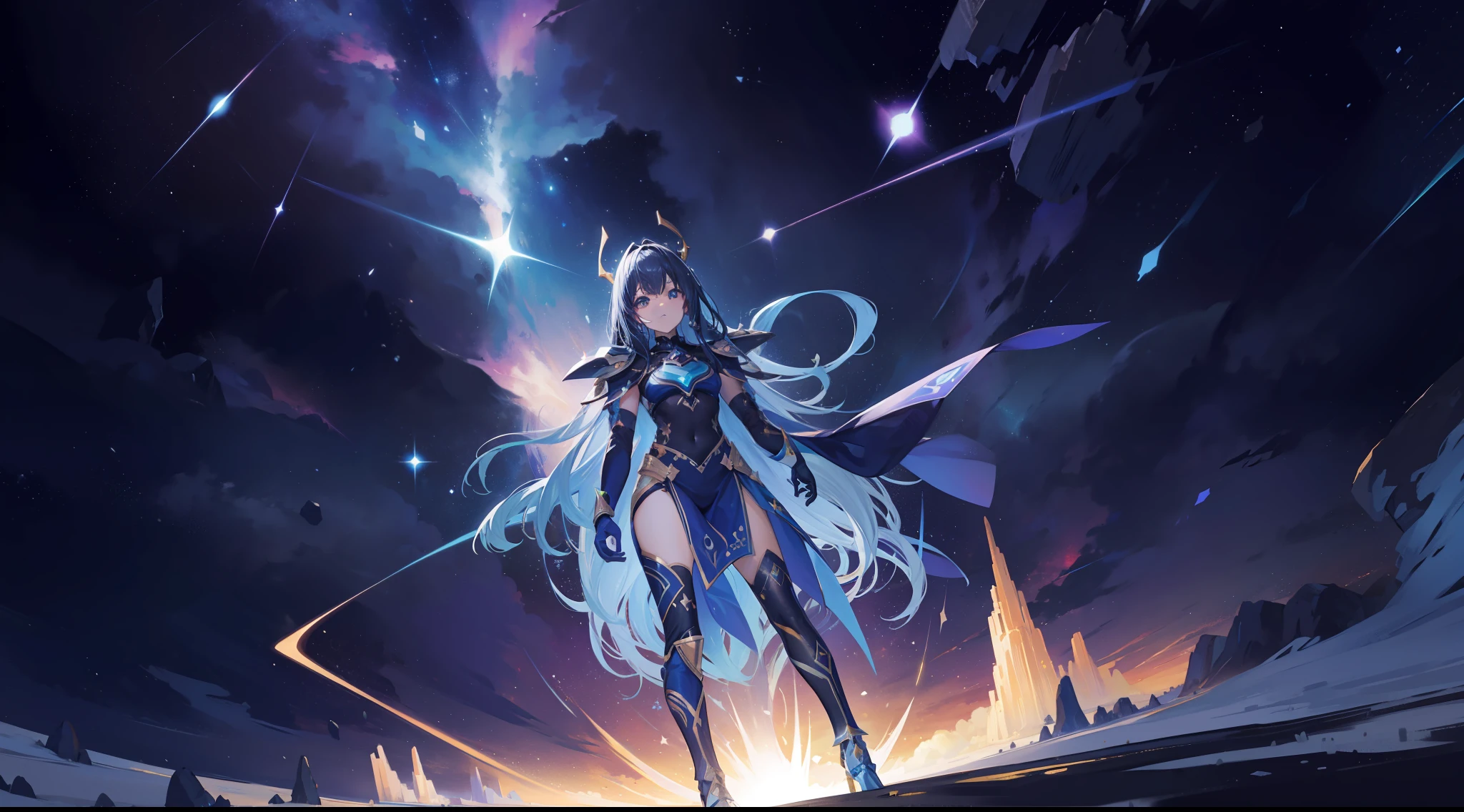 cosmic space, Deusa Estelar, pele formada por estrelas, Criatura Celestial, ser divino, made of dark matter, epic pose, Legendary pose, controlando astros, estrelas, Planetas.