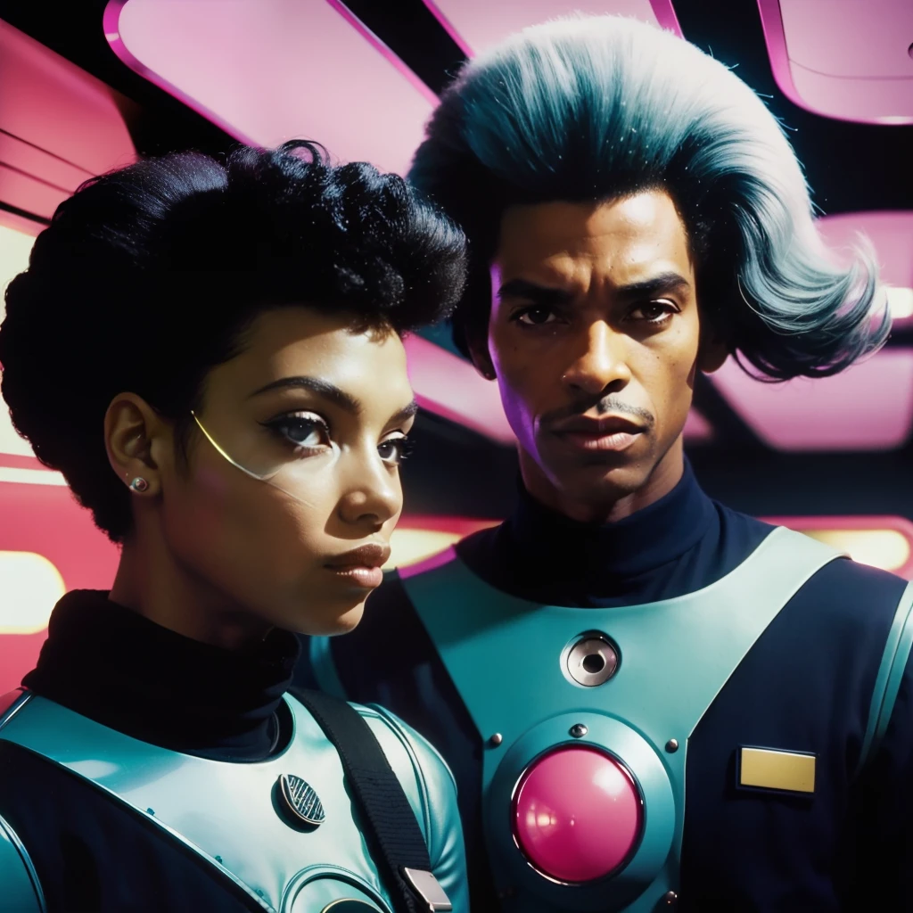 4k image from a 1960s science fiction film by Michel Gondry, Filme O Grande Hotel Budapeste, pastels colors, Black man and black woman wearing retrofuturistic alien masks and holding colorful suitcases and chests on the bus, Retro-futuristic fashion clothes from the 60s with old robots, Luz Natural, Psicodelia, futurista estranho, retro-futurista, photo-realistic, Sharp background details.