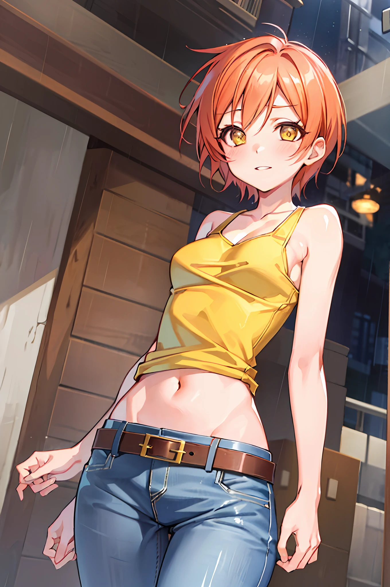 Hoshizora rin, Best Quality,(beauty), 1girl,phisically-based render ,ultra highres,(cowboy shot:1.5),narrow waist, skinny, LeonaMS ,muscular, big eyes,long legs,jeans,leather belt,small breasts,puffy eyes, leather belt,(rainy city), shiny skin, facing viewer, Victory posture,