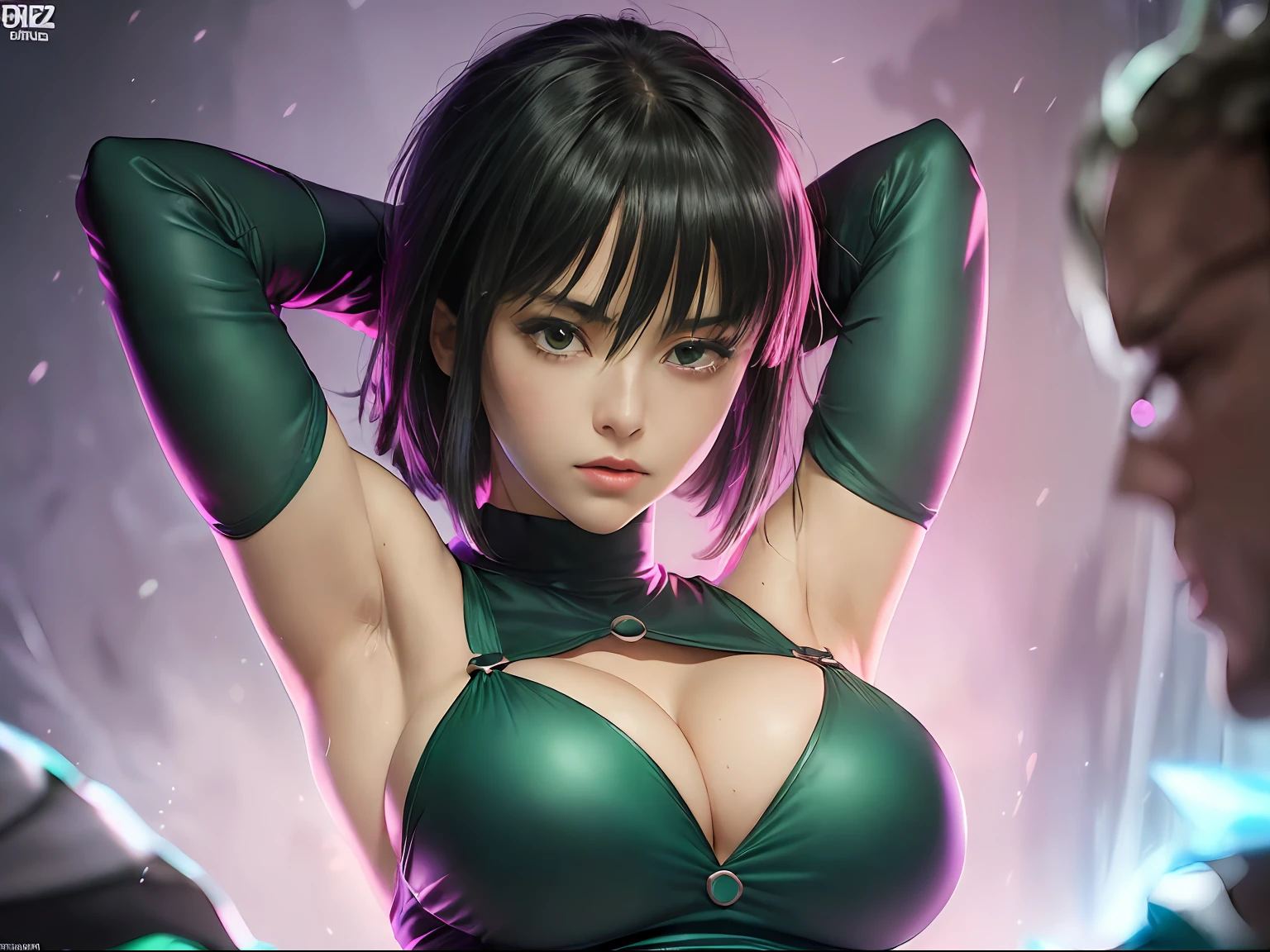 ((Fubuki) ) hero alias Blizzard de One Punch Man sexy ((big breast )) ((lleva un vestido largo con la pierna descubierta verde oscuro ajustado cuello de tortuga))(tiene un abrigo de piel de oso), (collar de perlas), ((imagen cuerpo completo)), que parezca un render de z brush, 8k