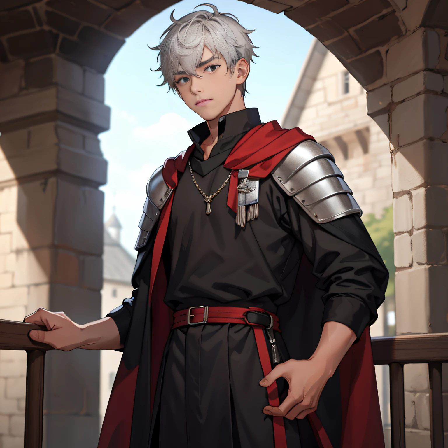 A 14-year-old boy with gray hair in medieval costume