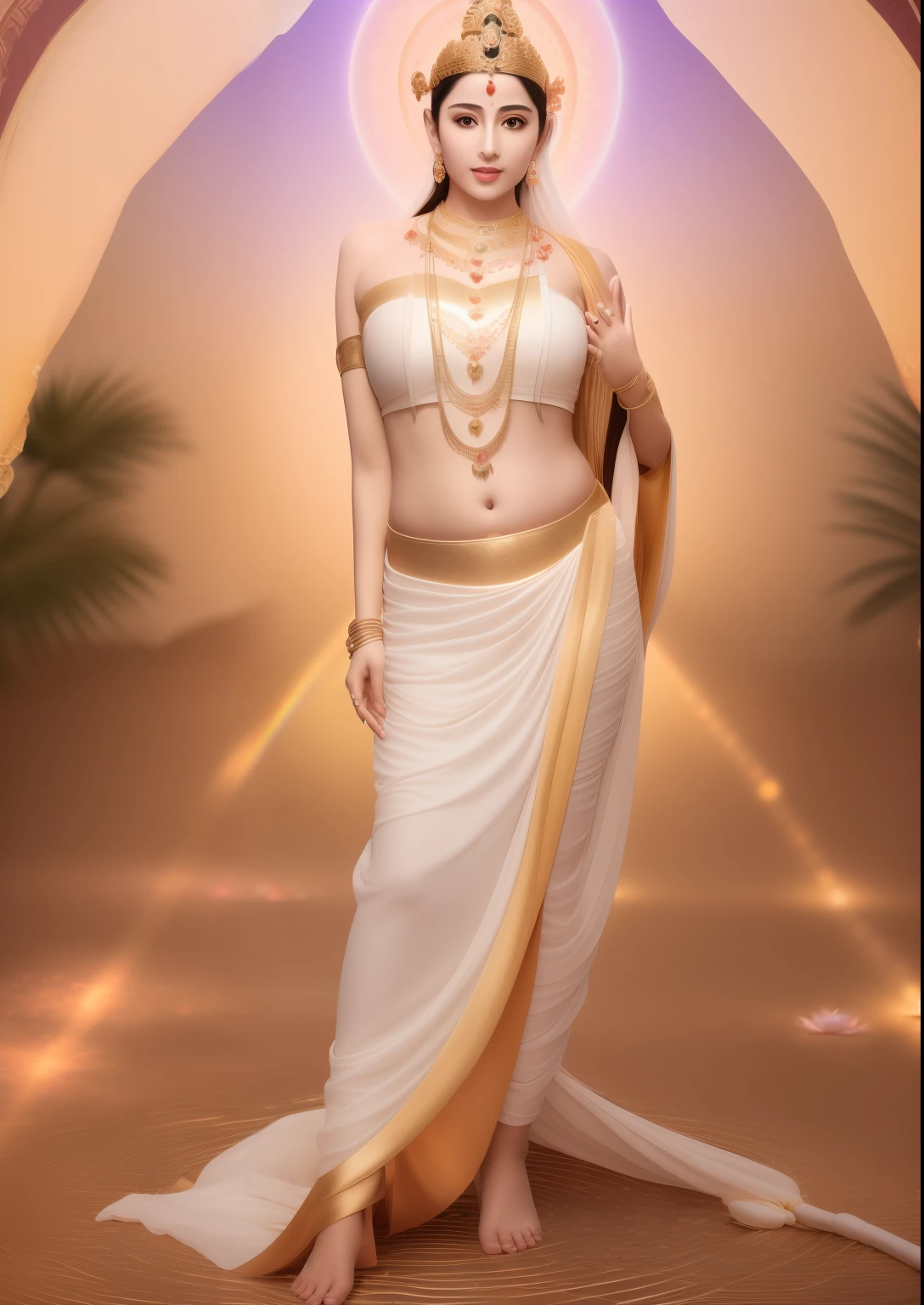 In the void, Beautiful goddess standing leisurely in a garden wonderland，The wind blew streamers and flew up，Five-colored cloudy sky，Perfect body posture，Barefoot，Beautiful eyes sparkle，The large, Jewel-like eyes sparkle，Clear pupils have reflected light，二重まぶた，Lying silkworm，（（Plump and rosy lips））Nipples clearly visible，（（Flushed cheeks）），The mandible is plump，Fair skin is delicate and smooth，Delicate skin translucent，A delicate and dexterous crown，inlaid gemstones，Exquisite and ingenious，inlaid gemstones，Sitting on a light red lotus in the air，look straight at the camera，(((nice hand)))，（（（（Good feet））），（（（good legs））），realisticlying，white skinned，（（Correct body structure）），White clothing，decorated in white，baiyun，Blue sky，Head background with round light，Behind him is a colorful rainbow circle，Color glow is turned on，Front lighting，Positive light，No shadows on the face，There are no shadows on the body，Blue sky，Unreal space，ethereal world，dreamworld，with blue sky and white clouds，tmasterpiece，4K，ultra-definition，professional photoshooting，Standard lens shooting，