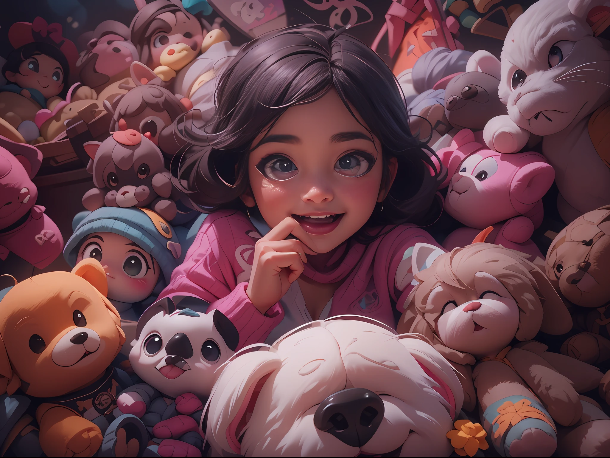 A 6--old l holds a stuffed animal, Sit in a room full of toys, cabelos preto e longos, cheerfulness, Rejoice, Perfect quality, Clear focus(Clutter - home:0.8), (tmasterpiece:1.2) (realisticlying:1.2) (Bokeh) (best qualtiy) (detailedskin:1.3) (complexdetails) (8K) (detailedeyes) (Sharp focus), (having fun)closeup cleavage, Luminism, cinematic lighting, wide shot, retina, textured skin, anatomically correct, best quality, award winning
