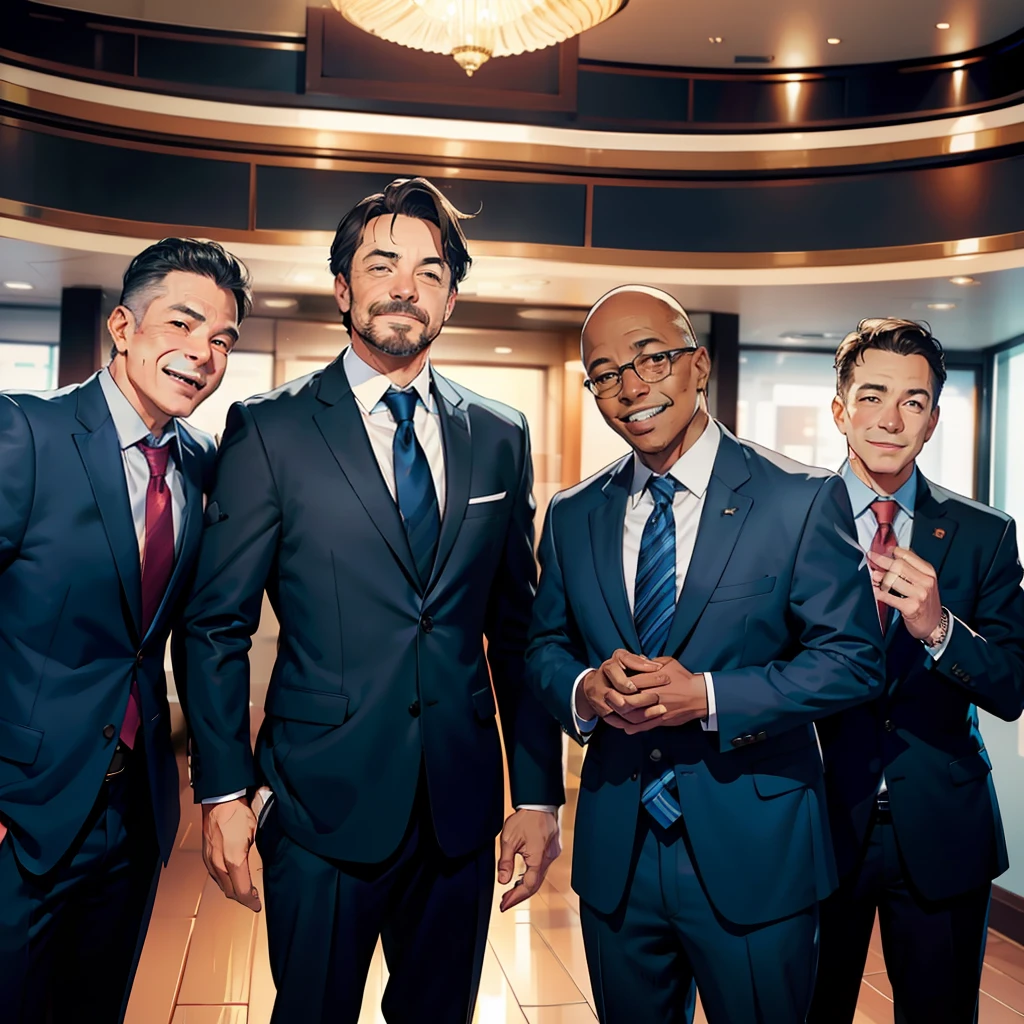 1 middle-aged man,All smiles on their faces,Bad laughs,dressed in a suit,Put your hands together,Put it in front of you,In the bank