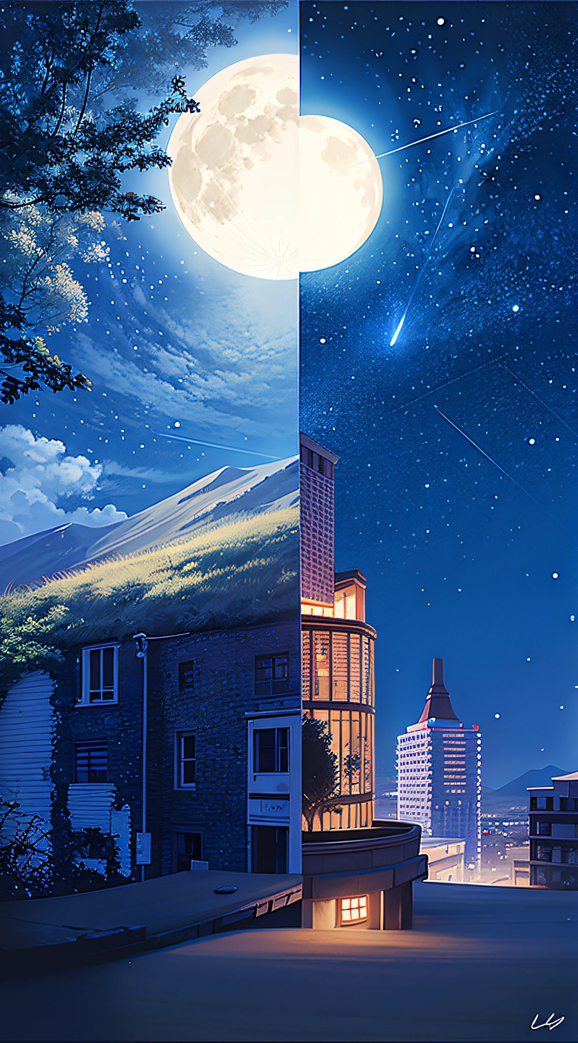 There are shooting stars in the background,There is a moon in the middle,The picture is divided into two parts: The moon on the left and right is as large as it is combined into a circle,On the left are rural self-built houses,On the right are modern urban buildings, At the bottom of the poster are small hills and roads,There is a back in the middle of the bottom of the poster,poster for, Reunion, unknown artist, noon, film promotional image, Cai Xukun, Poster illustration, Wang Chen, promotional poster, Artistic cover, Lu Ji, by Ye Xin, author:Yi Yuanji, Movie poster