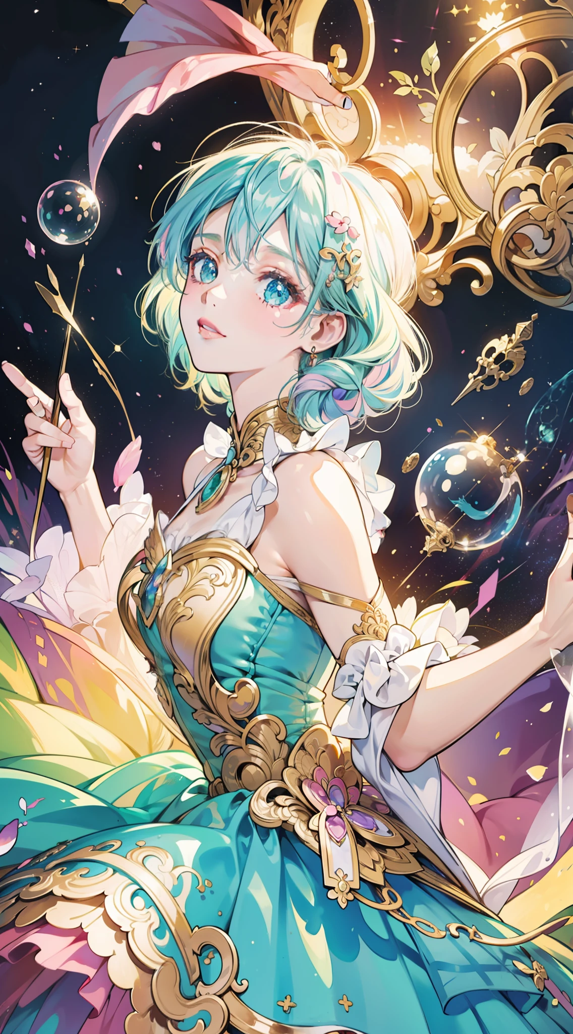 masterpiece, best quality, 8k resolution, sharp focus, intricate detail, beautiful girl, sparkling eyes, golden ratio face, otherworldly liquid, watercolor, ((pastel colors)), bright colors, whimsical, colorful, sharp focus, high resolution, fine detail, ((layered ballgown)), iridescent bubbles