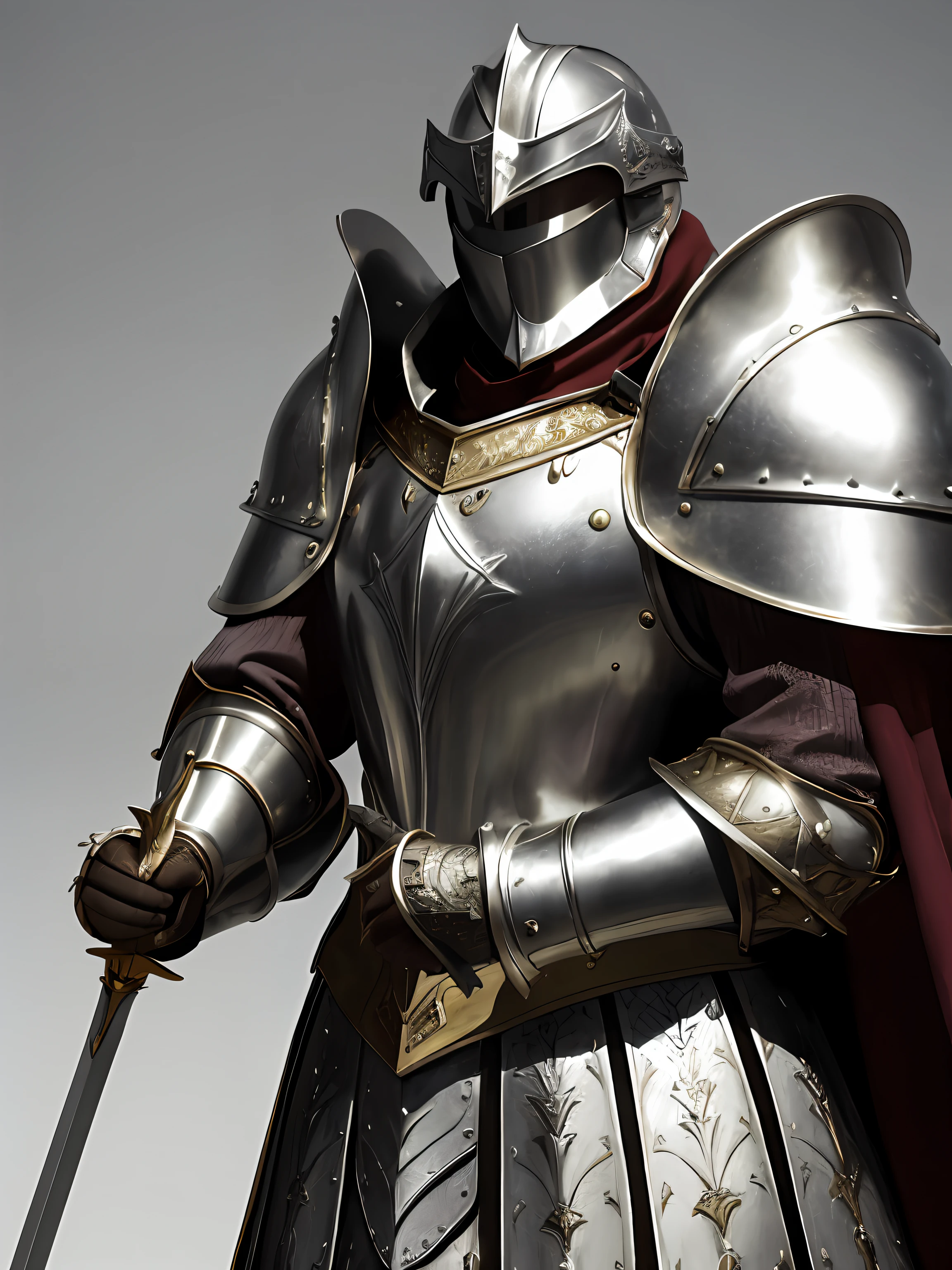 cavalier,medieval times,Silver armor,Pattern,A lot of detail,High quality,There are helmets,Long sword,Vintage,photorealestic,male people,colours,the detail,Textured,Extremely realistic,Excellent shadows,tmasterpiece,3D stereoscopic,Pubic area is clear,High quality,shoun,Castle background