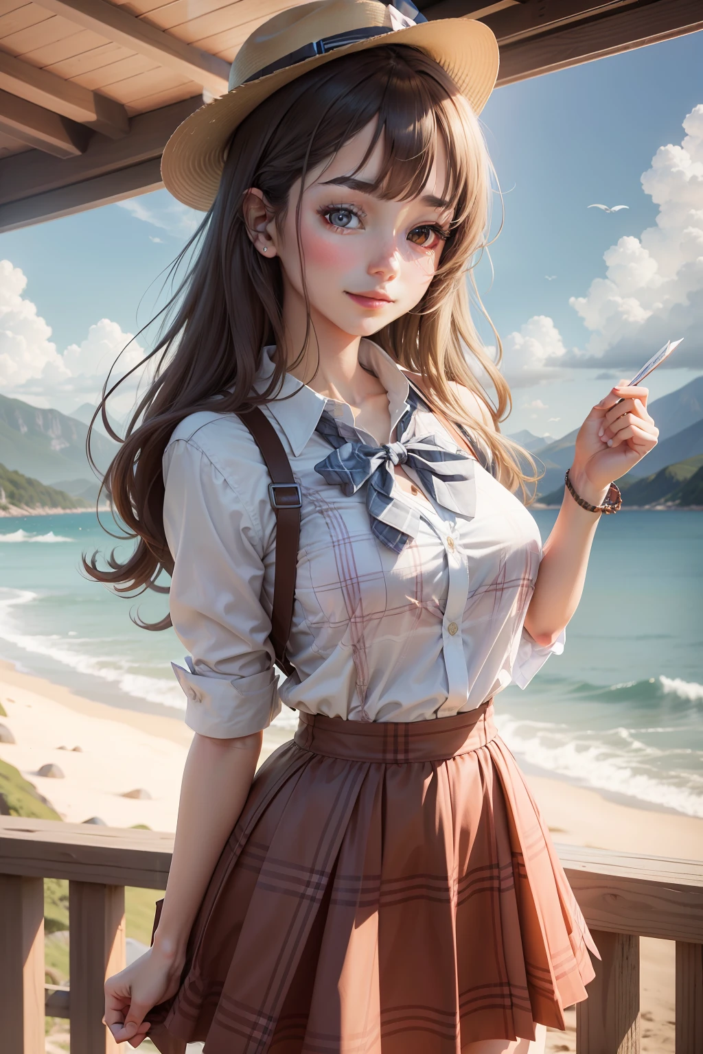masterpiece, high quality best quality,1girl, bangs, beach, blue_sky, blush, bow, breasts, checkered, checkered_shirt, checkered_skirt, cloud, cloudy_sky, collarbone, day, envelope, giving, grass, hair_bow, heart, holding, holding_letter, horizon, incoming_gift, kazami_yuuka, leaning_forward, lens_flare, letter, light_rays, long_hair, looking_at_viewer, love_letter, mountain, mountainous_horizon, ocean, outdoors, plaid, plaid_background, plaid_bikini, plaid_bow, plaid_bowtie, plaid_bra, plaid_dress, plaid_headwear, plaid_jacket, plaid_legwear, plaid_necktie, plaid_neckwear, plaid_panties, plaid_pants, plaid_ribbon, plaid_scarf, plaid_shirt, plaid_skirt, plaid_vest, pov, shirt, skirt, sky, smile, solo, sun, sunbeam, sunlight, tree, unmoving_pattern
