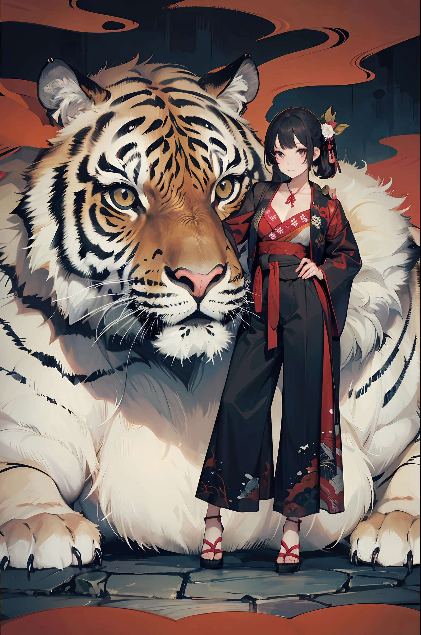 1girll, Dry brush artwork, surreal design, Double kawaii, a woman vampire, Samurai, Wear disgusting tiger print Palazzo pants, Four colors