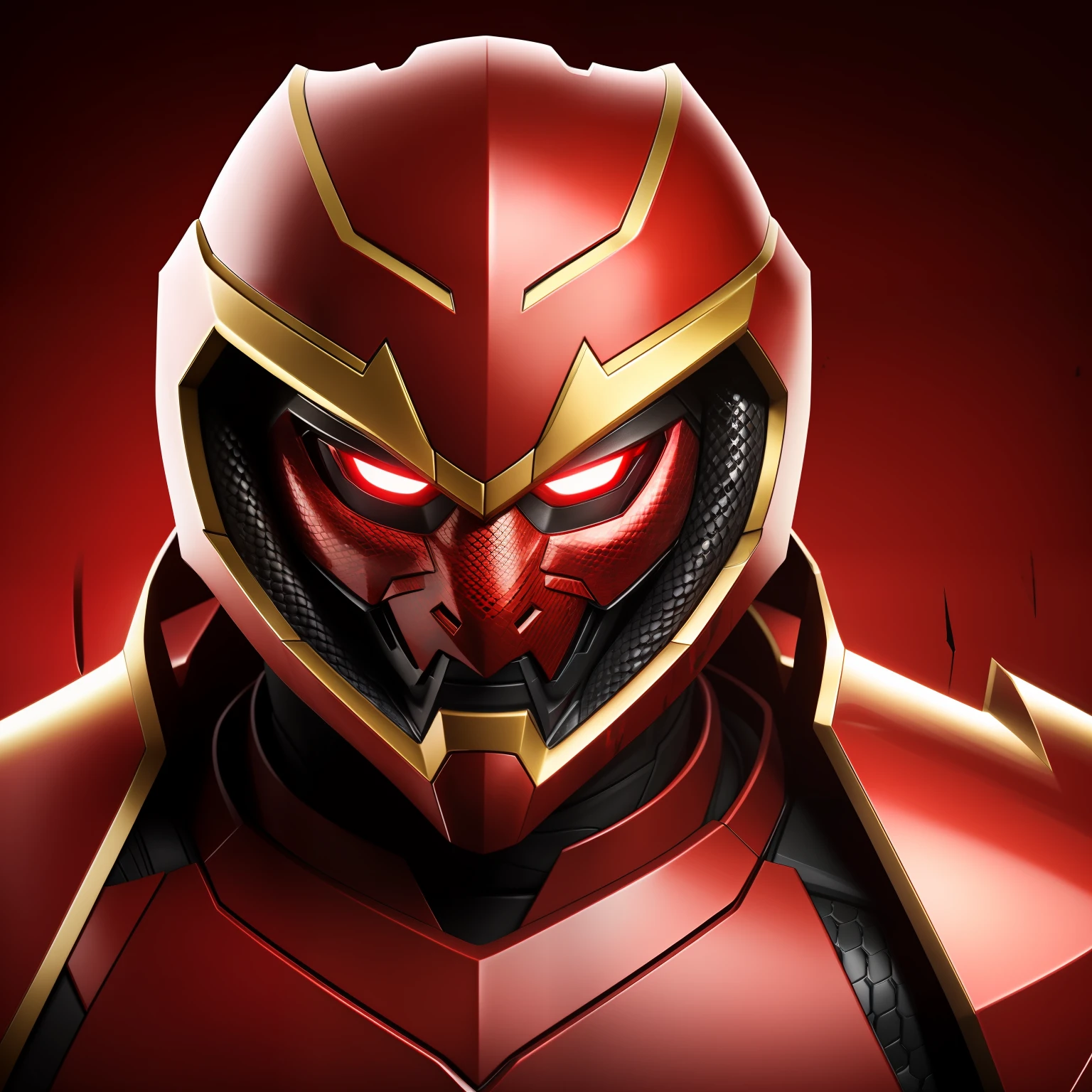 eyes glowing red、angry looking face、Bloody、A detailed face、Detailed suit、Golden decoration、masterpiece、top-quality、、helmets、Red Armor、Gotten、Black snake、The snake coils、