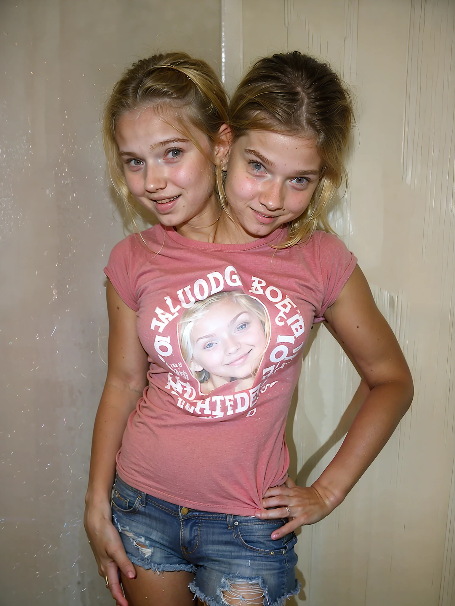 2heads, (two headed girl:1.5), (young teen:1.5), (female:1.5), (blonde:1.4), (two heads attached to one body:1.4), conjoined twins, heads side by side, one body, young, uncomfortable, barefoot