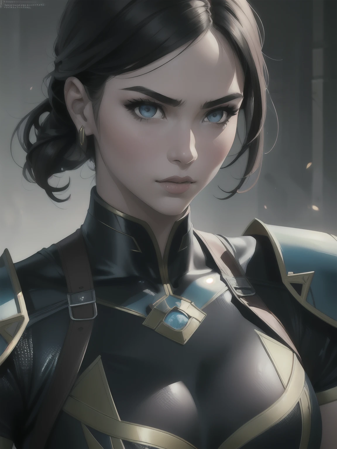Portrait, Masterpiece, Excellent, 1girl, solo, complex details, color diffusion, close-up, pale female, Asian female, female giant, athletic female, strong thighs, black hair, dark hair, blue eyes, combat attire, alluring attire, epic, martial artist, Sci-Fi, Fantasy