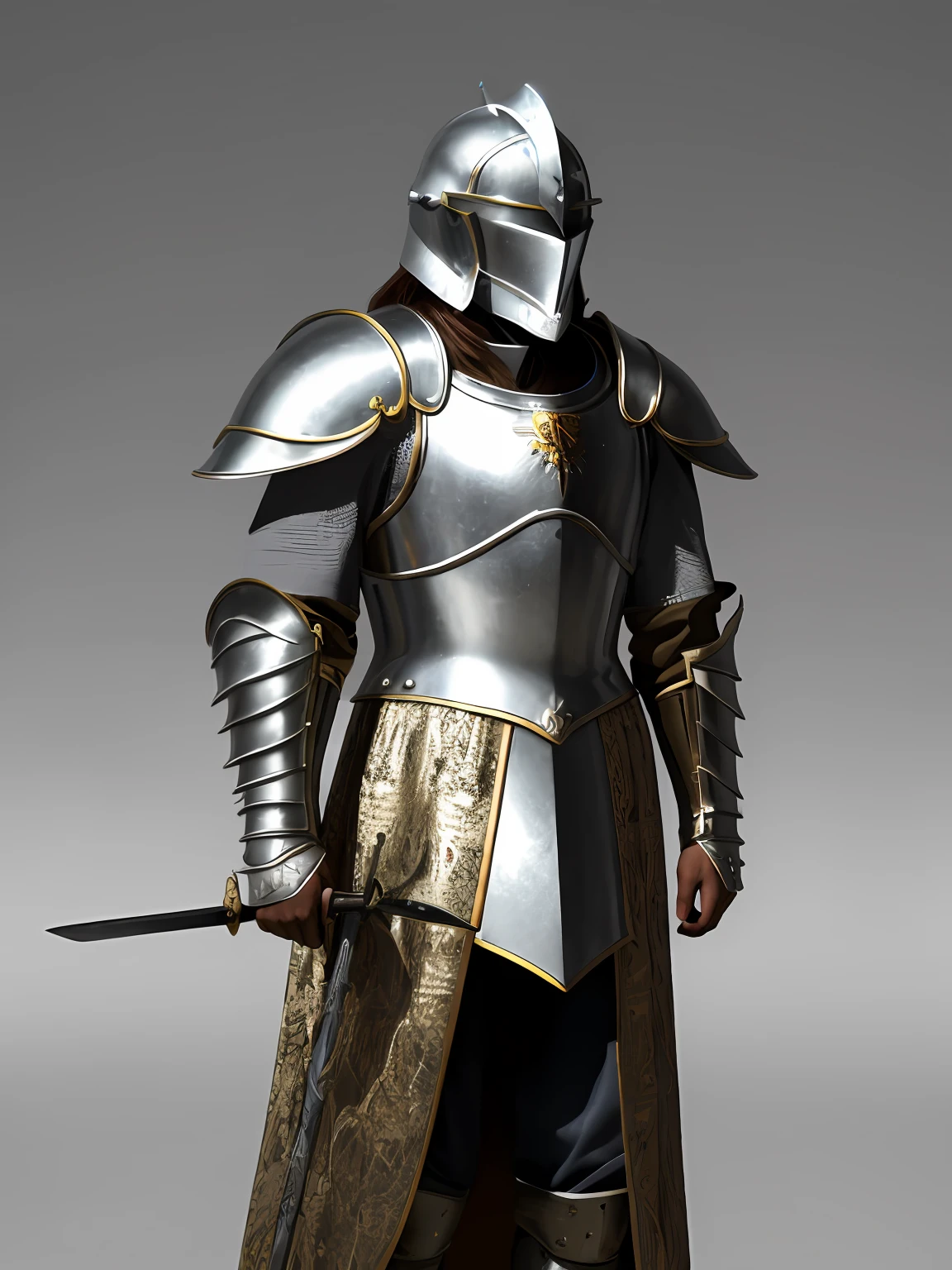 cavalier,medieval times,Silver armor,Pattern,A lot of detail,High quality,There are helmets,Long sword,Vintage,photorealestic,male people,colours,the detail,Textured,Extremely realistic,Excellent shadows,tmasterpiece,3D stereoscopic,Pubic area is clear,High quality,shoun,Castle background