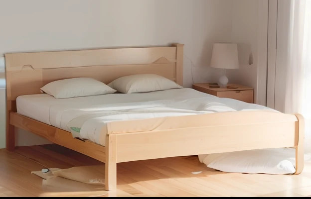 There was a bed with a wooden frame and a white pillow, Bed, Beds, un made bed, bed is not made, F42, European, wood, H 576, F 2 0, 1080p, 1 0 8 0 p, large comfy bed, oak, F32, F 3 2, C 12.0
