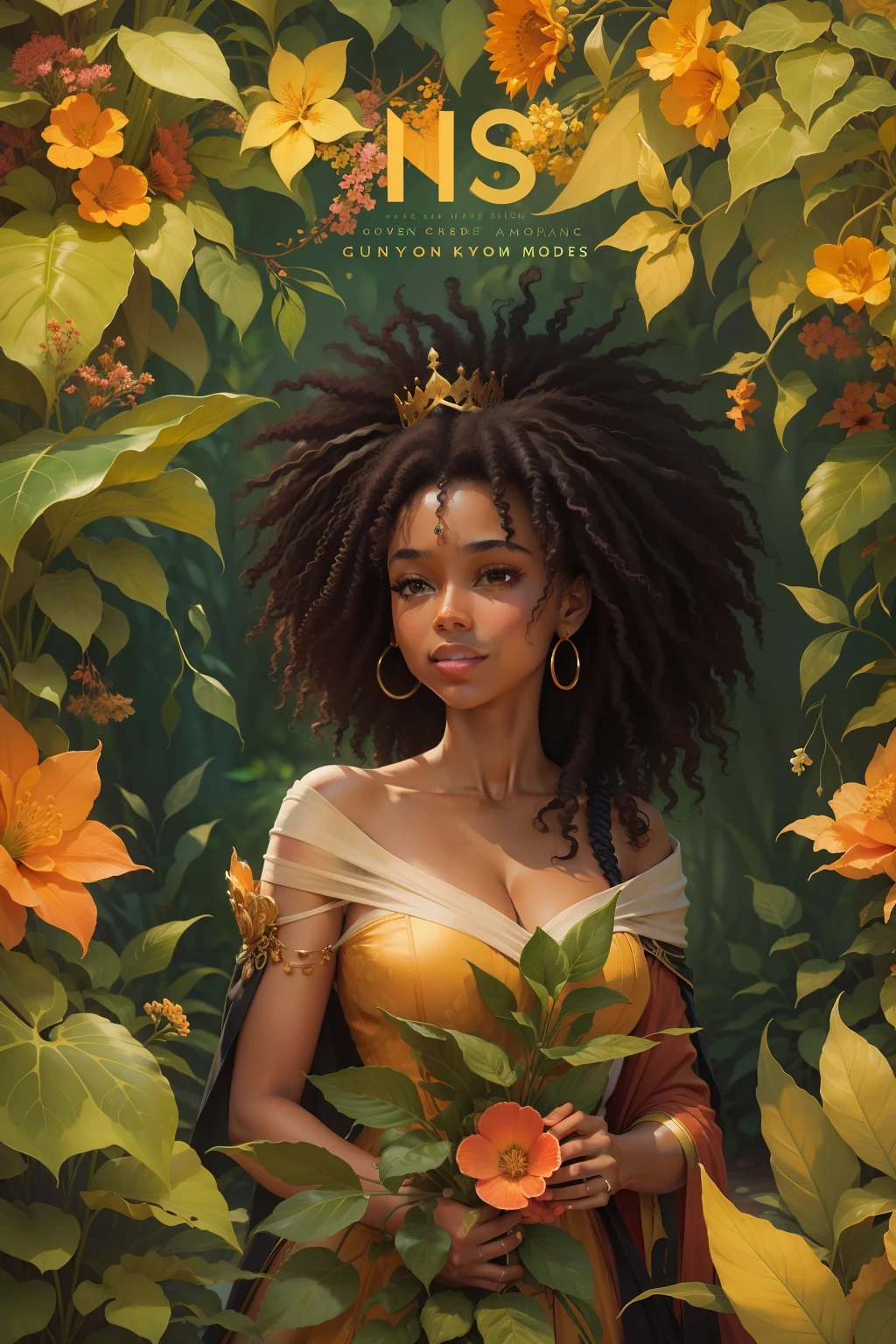 In the image, we see a smiling black woman with lush curls, her frizzy curls are well defined and nourished.
The woman on the cover is standing facing the camera with her shoulders slightly raised, exuding a confident and self-assured posture. In her hands, she holds a golden crown.
Around it, nature is present as a harmonious setting. Lush flowers and delicate foliage form a background that enhances the connection between women and the life force of nature.
The color palette chosen for the cover is full of warm and vibrant tones, such as gold, orange and green. The image is full of details, textures and strokes.