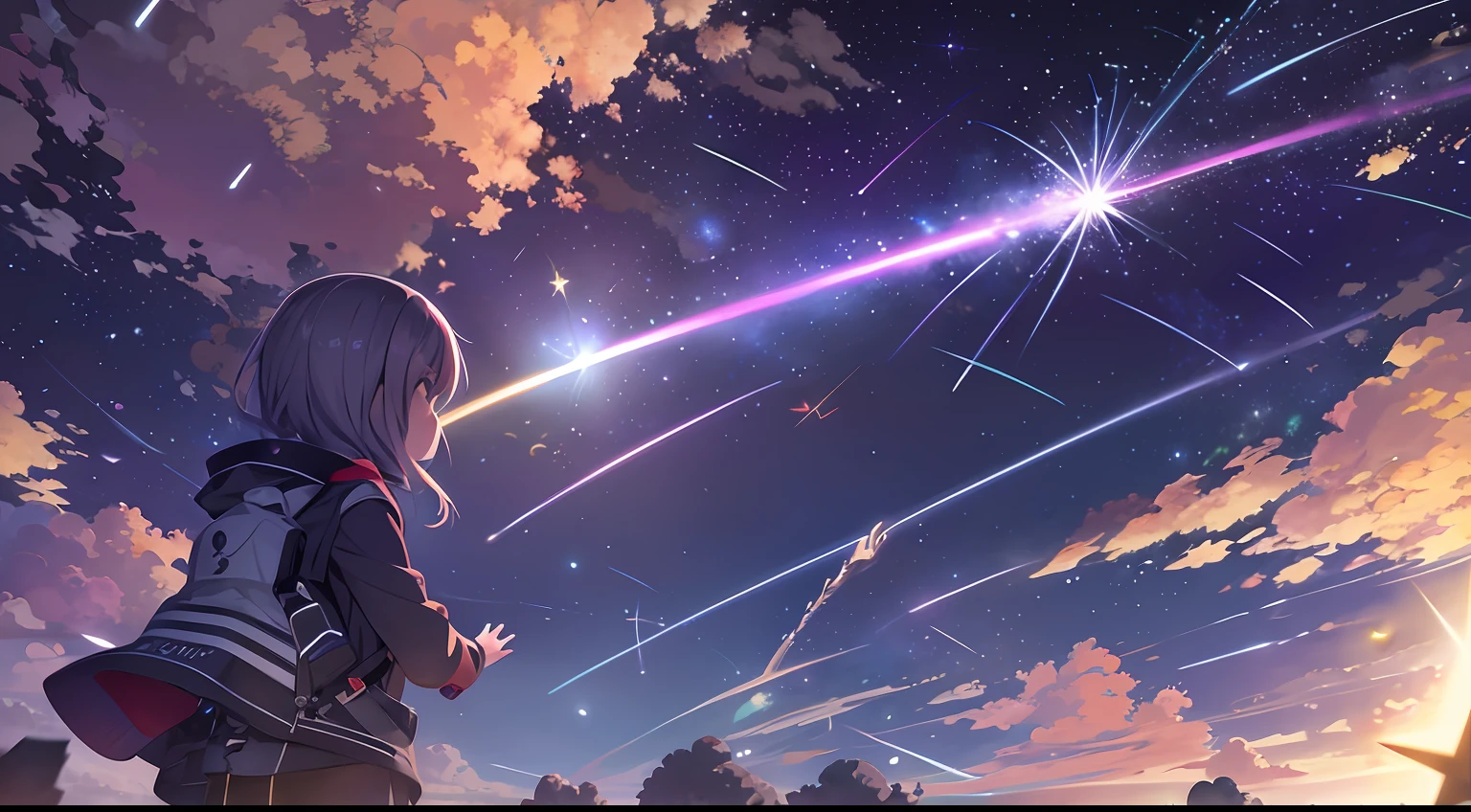 Anime anime wallpaper HD anime wallpaper HD anime wallpaper HD, illusory engine ; romantic motifs, meteors are falling from the sky, meteor shower, Perseid meteor shower, Meteor Fall, anime bullet vfx, During meteor storms, highly detailed surreal vfx, falling star on the background, shooting star in background, vfx particle simulation, stunning screensaver