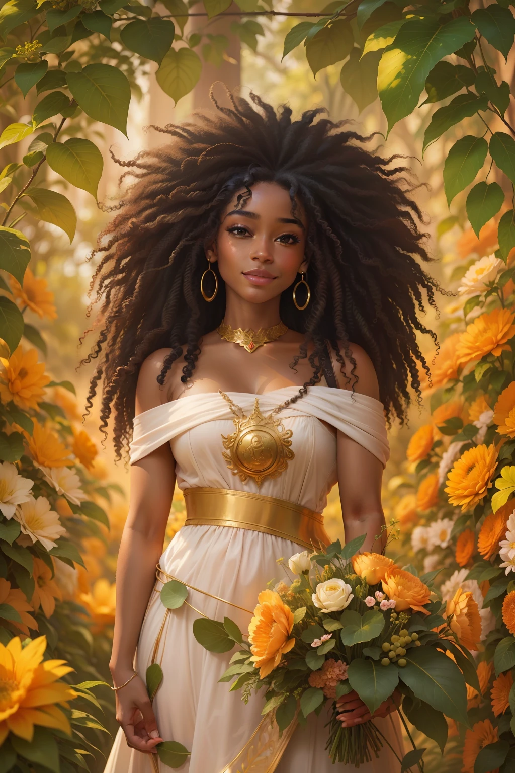 In the image, we see a smiling black woman with lush curls, her frizzy curls are well defined and nourished.
The woman on the cover is standing facing the camera with her shoulders slightly raised, exuding a confident and self-assured posture. In her hands, she holds a golden crown.
Around it, nature is present as a harmonious setting. Lush flowers and delicate foliage form a background that enhances the connection between women and the life force of nature.
The color palette chosen for the cover is full of warm and vibrant tones, such as gold, orange and green. The image is full of details, textures and strokes.