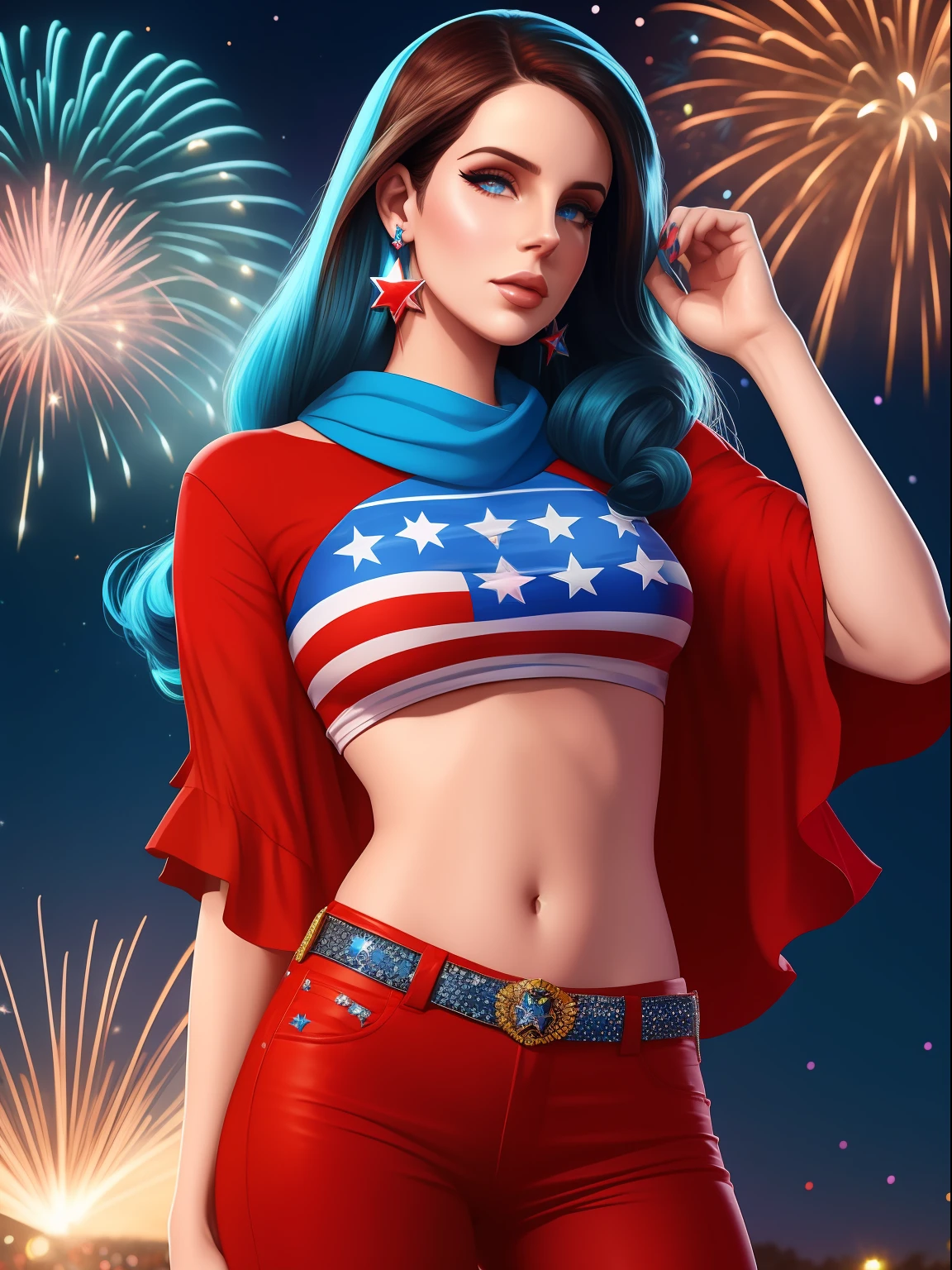 Crie uma imagem de Lana Del Rey com um top azul brilhante, uma saia com listras vermelhas e brancas, e um par de botas brancas. Add accessories like star-shaped earrings and a red bandana. No fundo, add colorful fireworks to represent the celebration of Independence Day in the United States.