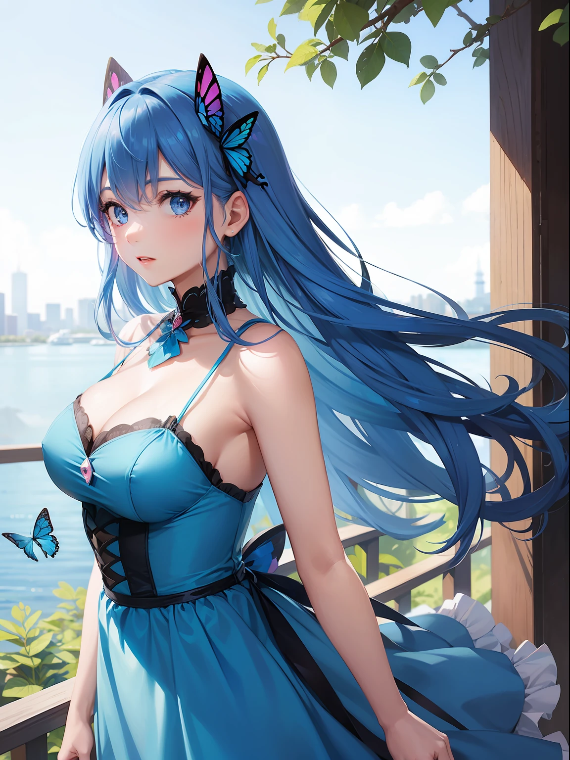 a women, blue butterfly, blue hair, pink eyes, blue dress