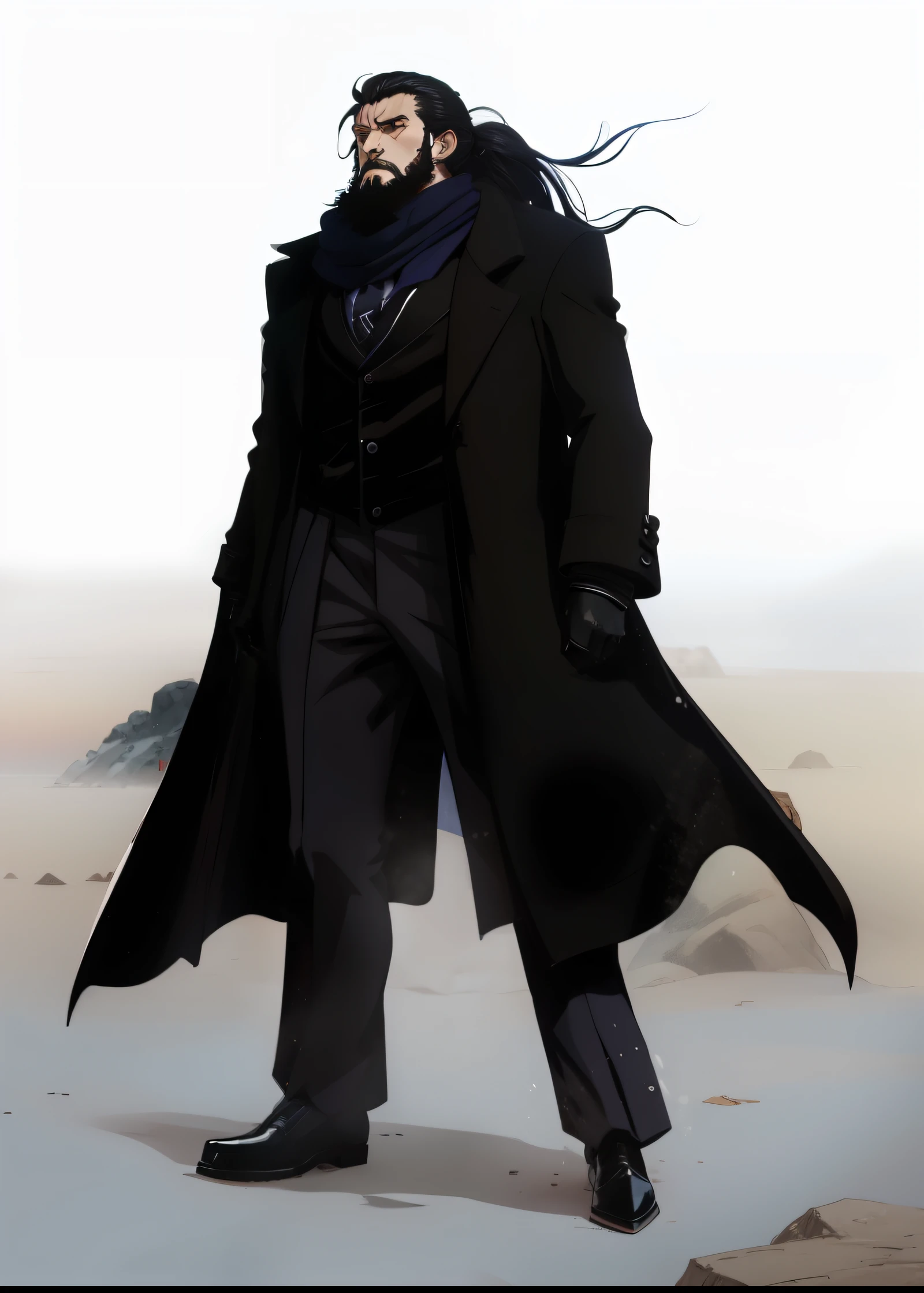 anime, man, british black suit, black overcoat, long ponytail hair, tiny beard, a blue scarf in neck
