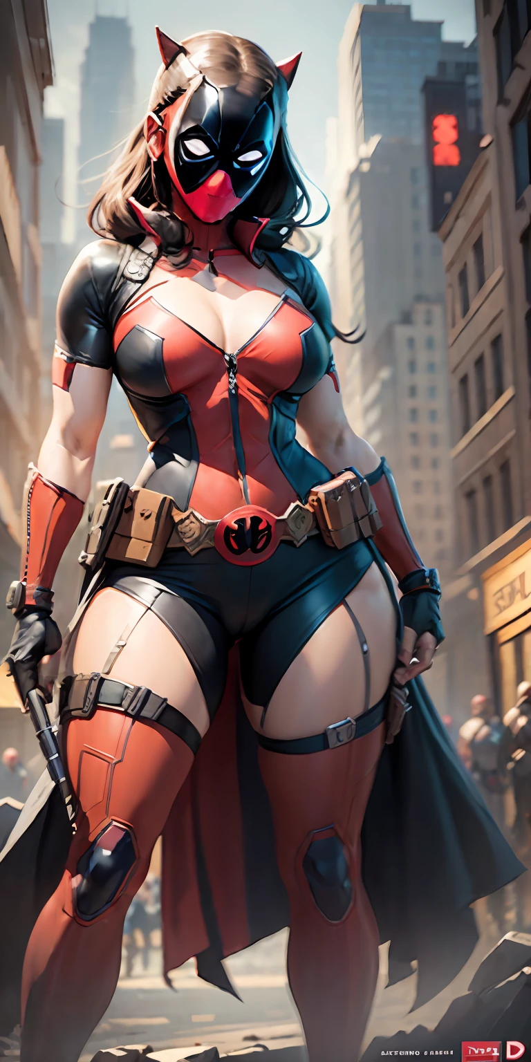female Deadpool from Marvel, big breasts, frontal, full-length, looking at the camera, facing the audience, standing pose, heroic background, three-dimensional light, detailed full-body concept, sleek digital concept art, beautiful full-body concept art, art trend, CGsociety full-length,
