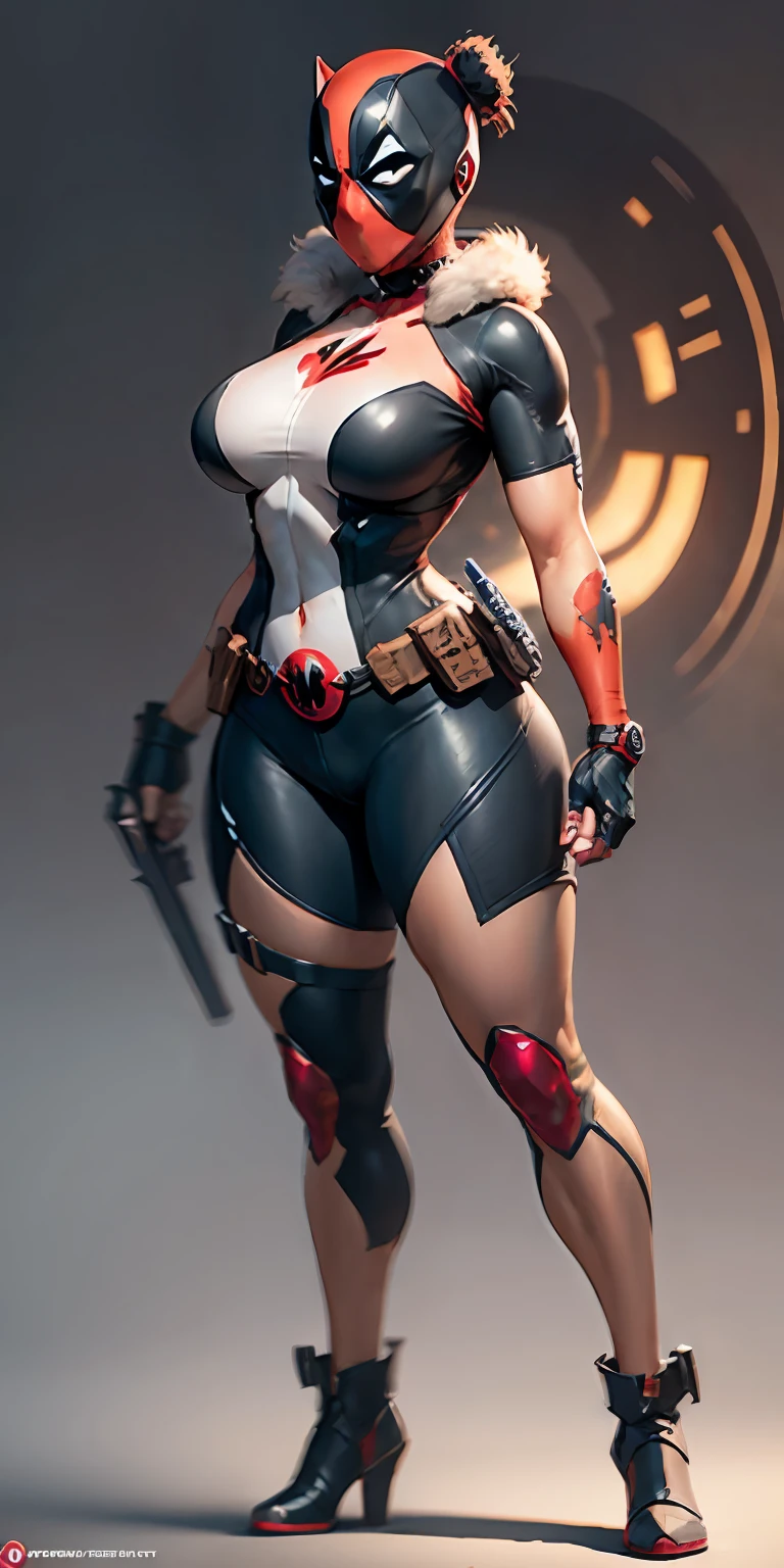 female Deadpool from Marvel, big breasts, frontal, full-length, looking at the camera, facing the audience, standing pose, heroic background, three-dimensional light, detailed full-body concept, sleek digital concept art, beautiful full-body concept art, art trend, CGsociety full-length,