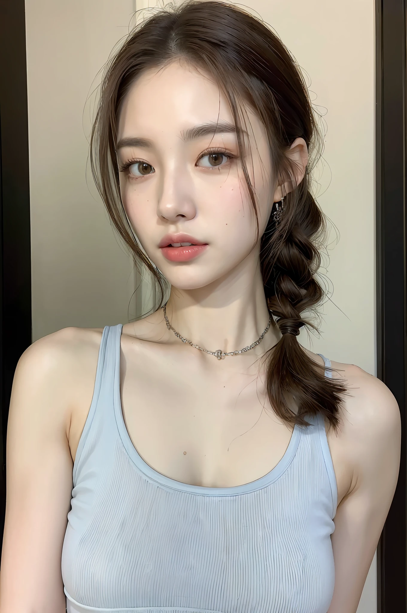 ((Best quality, 8k, Masterpiece :1.3)), 1girl, Pretty woman with emphasizing slender abs :1.3, (random hairstyles :1.2), Oversized tank top :1.2, Ultra-detailed face, Detailed eyes, Double eyelid, armpit