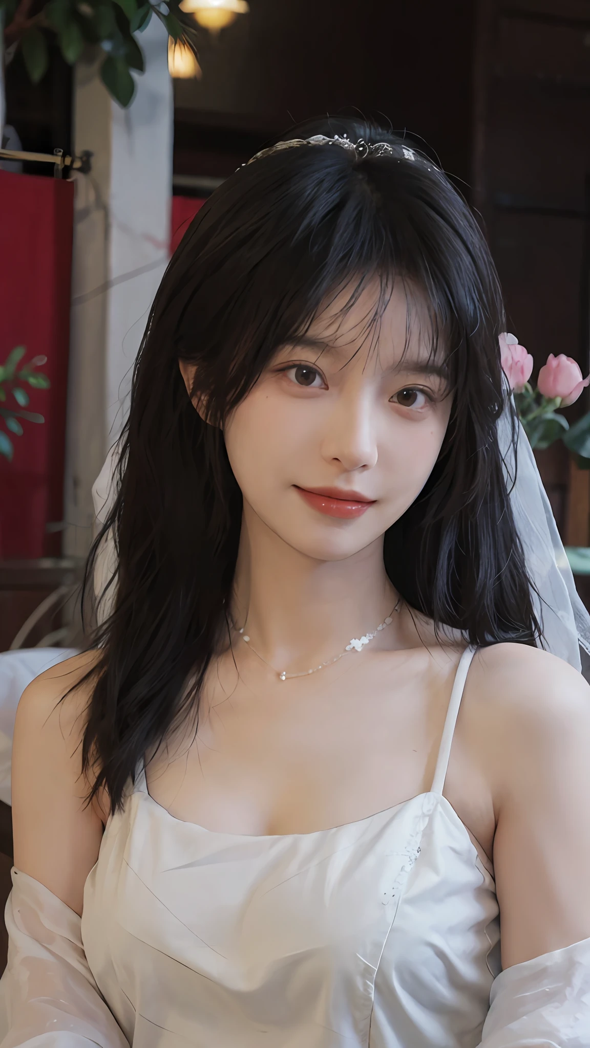 best qualtiy, 超高分辨率, (realisticlying:1.4),cute hairpin,Baoyu Girl,Stand in the wedding hall,Wearing a red wedding dress,(flatchest:1.2) ,A pair of clear and moving peach blossom eyes,Royal Sister,sunshine on face,Big wavy hairstyle,(choker necklace:1.2),(Fair skin:1.4),a sense of atmosphere,a beauty girl, ssmile,head straight-looking at viewer, closeup cleavage ,(Photorealistic:1.4),1girll,Sexy,(Upper body:1.4),(Wet body),(:1.2)